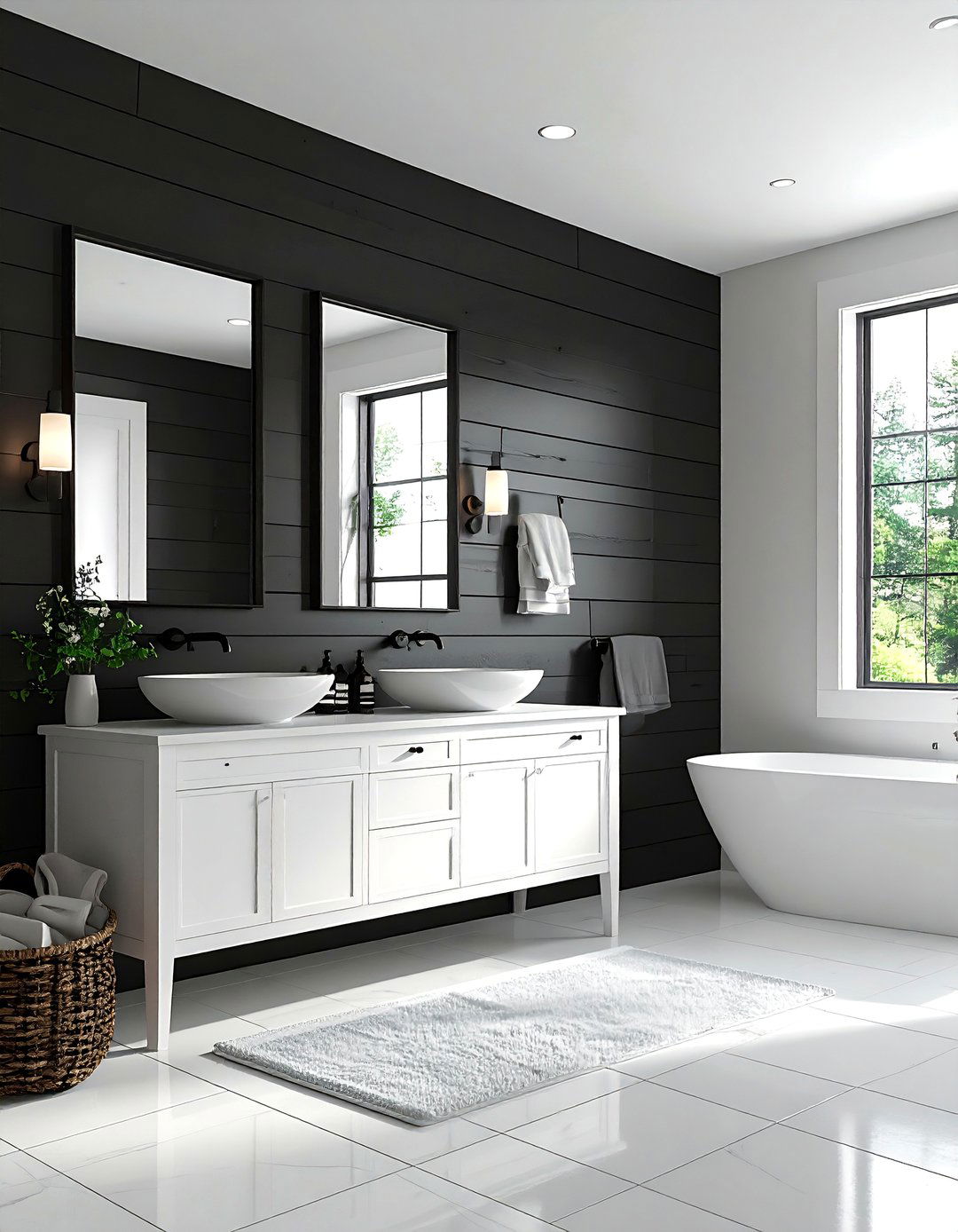 Black and White Bathroom with a Black Shiplap Accent Wall - 40 Black and White Bathroom Ideas for Style