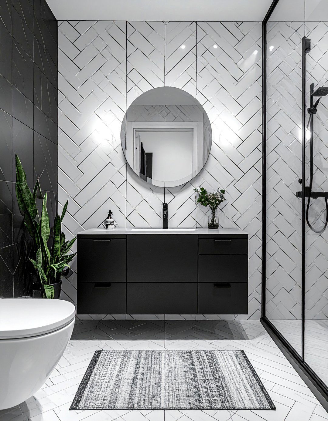Black and White Bathroom with a Chevron or Herringbone Tile Layout - 40 Black and White Bathroom Ideas for Style