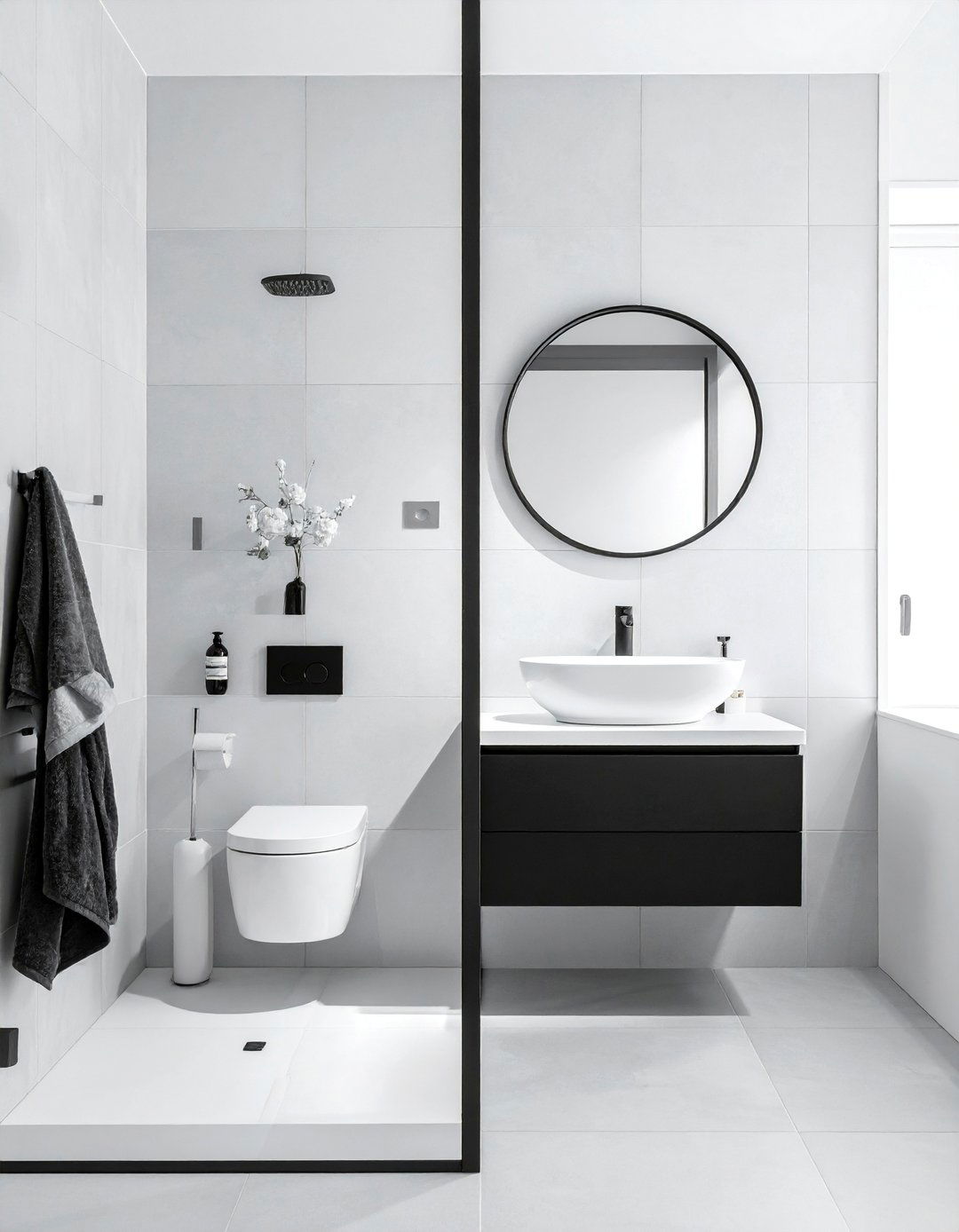 Black and White Bathroom with a Floating Black Vanity - 40 Black and White Bathroom Ideas for Style