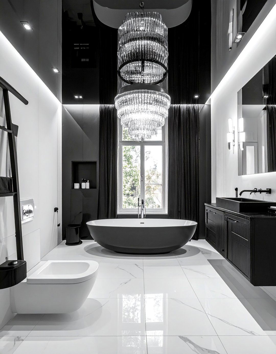 Black and White Bathroom with a High Gloss Black Ceiling - 40 Black and White Bathroom Ideas for Style