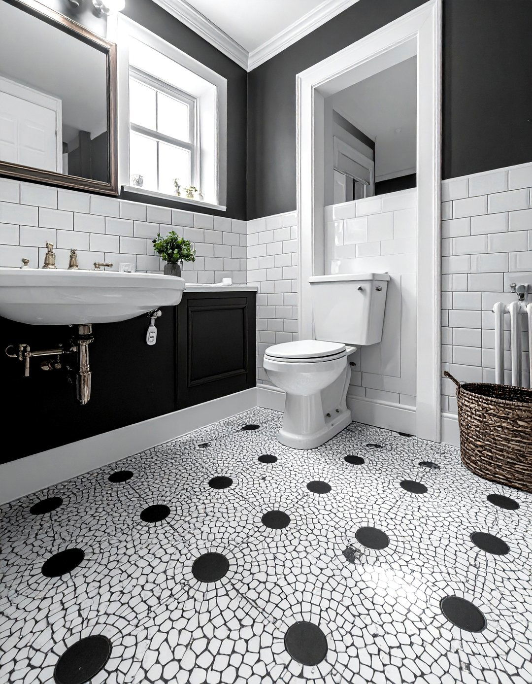 Black and White Bathroom with a Penny Tile Mosaic - 40 Black and White Bathroom Ideas for Style