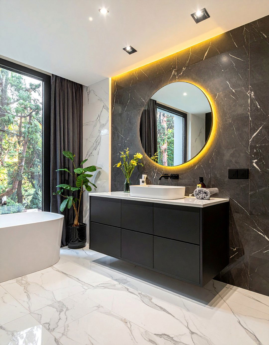 Black and White Bathroom with a Round Mirror - 40 Black and White Bathroom Ideas for Style