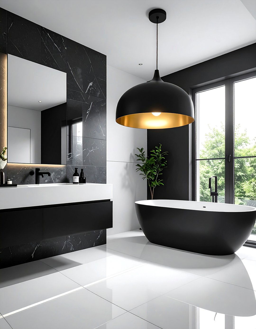 Black and White Bathroom with a Single Pendant Light - 40 Black and White Bathroom Ideas for Style