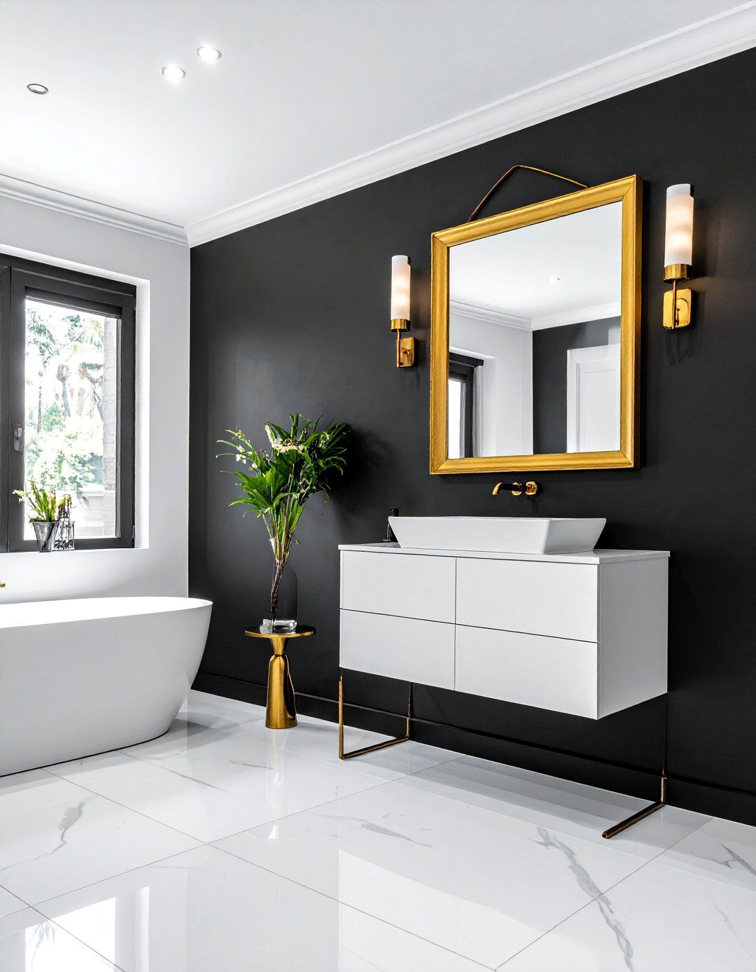 Black and White Bathroom with a Statement Black Wall - 40 Black and White Bathroom Ideas for Style
