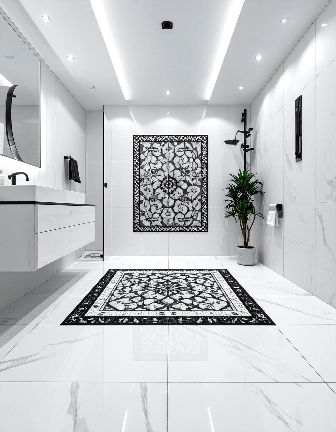 Black and White Bathroom with a Tiled Rug Pattern - 40 Black and White Bathroom Ideas for Style
