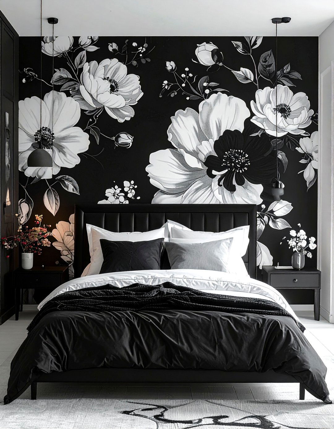 Black and White Floral Wallpaper - 40 Black and White Bedroom Ideas for Elegance