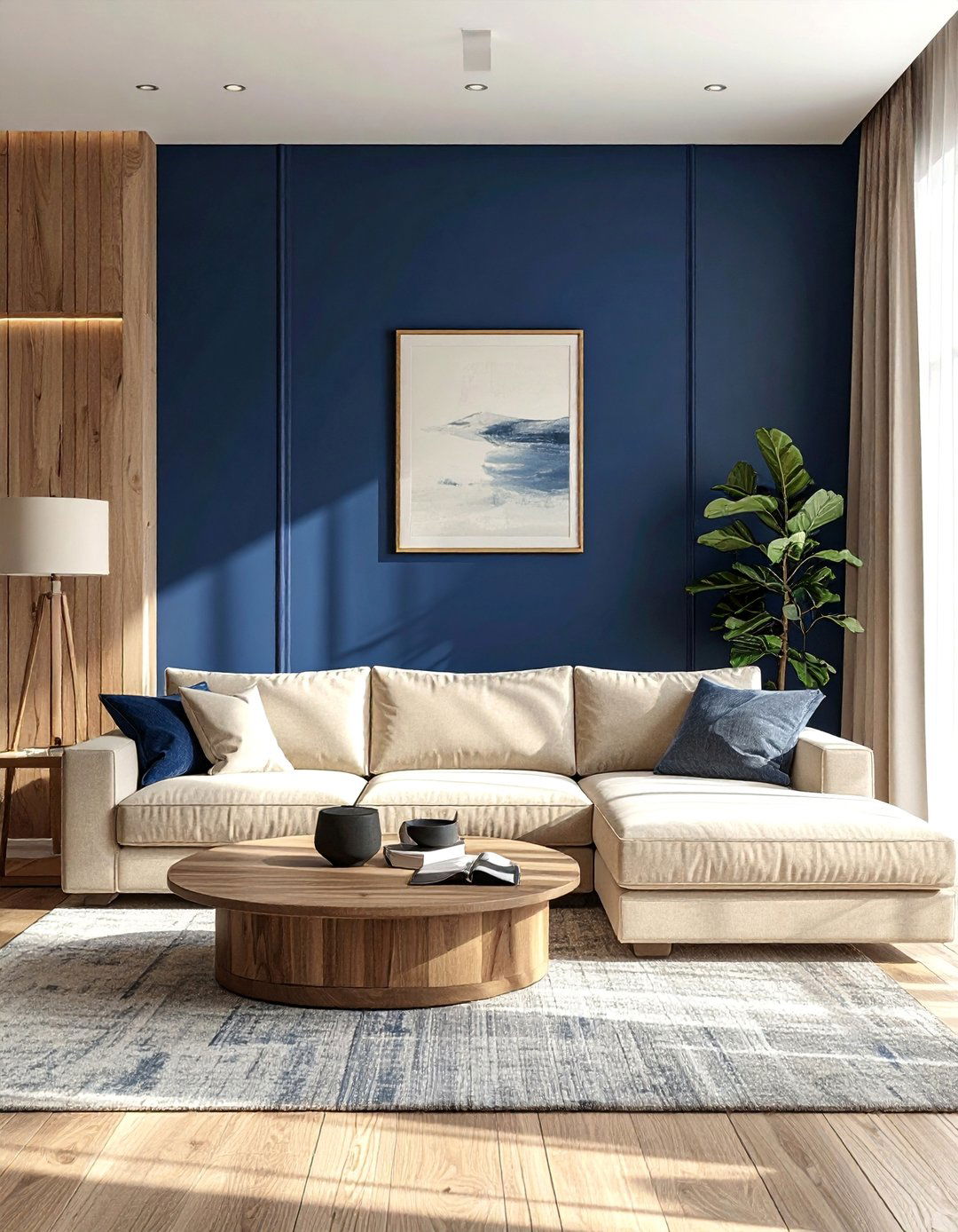 Blue Accent Wall in a Beige Living Room - 20 Blue and Beige Living Room Ideas for a Calm Space