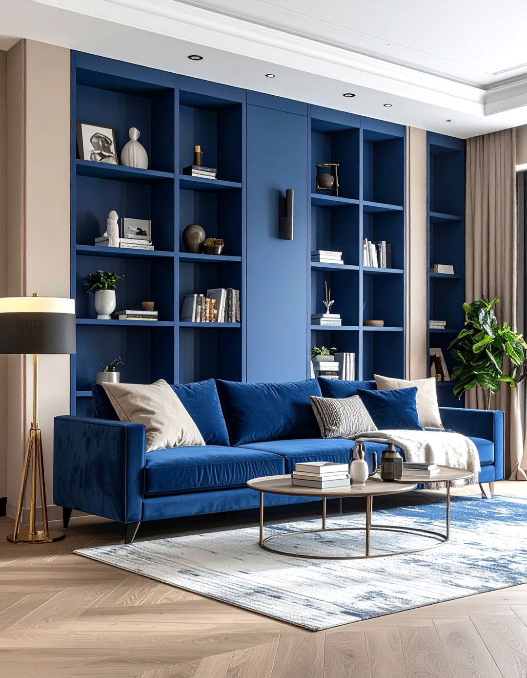 Blue Bookshelves in a Beige Room - 20 Blue and Beige Living Room Ideas for a Calm Space