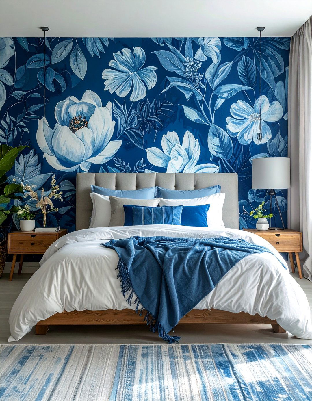 Blue Botanical Print Wallpaper - 40 Blue Bedroom Ideas for a Serene and Relaxing Atmosphere