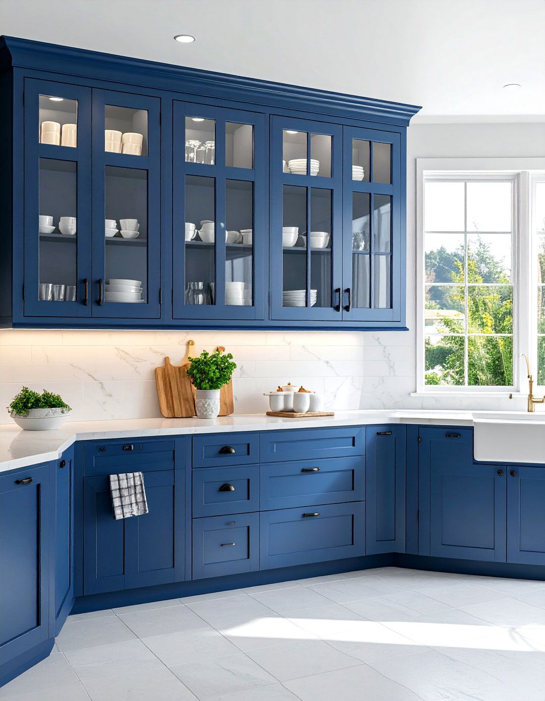 Blue Cabinets with Glass Front Doors and Interior Lighting - 30 Blue Farmhouse Kitchen Cabinets for a Cozy Feel