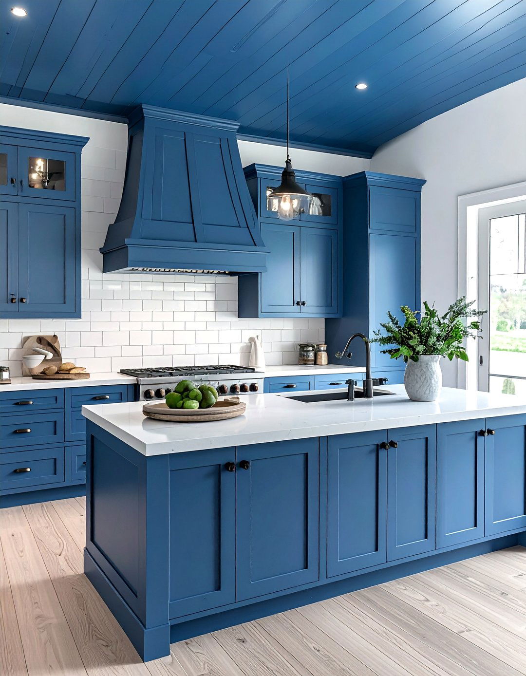 Blue Cabinets with a Matching Beadboard Ceiling - 30 Blue Farmhouse Kitchen Cabinets for a Cozy Feel