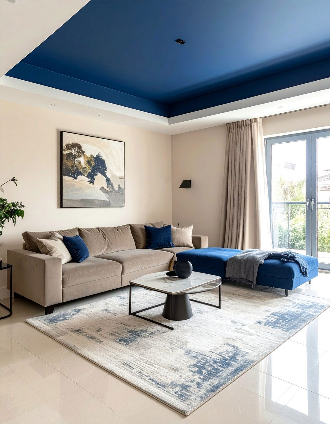 Blue Ceiling in a Beige Living Room - 20 Blue and Beige Living Room Ideas for a Calm Space