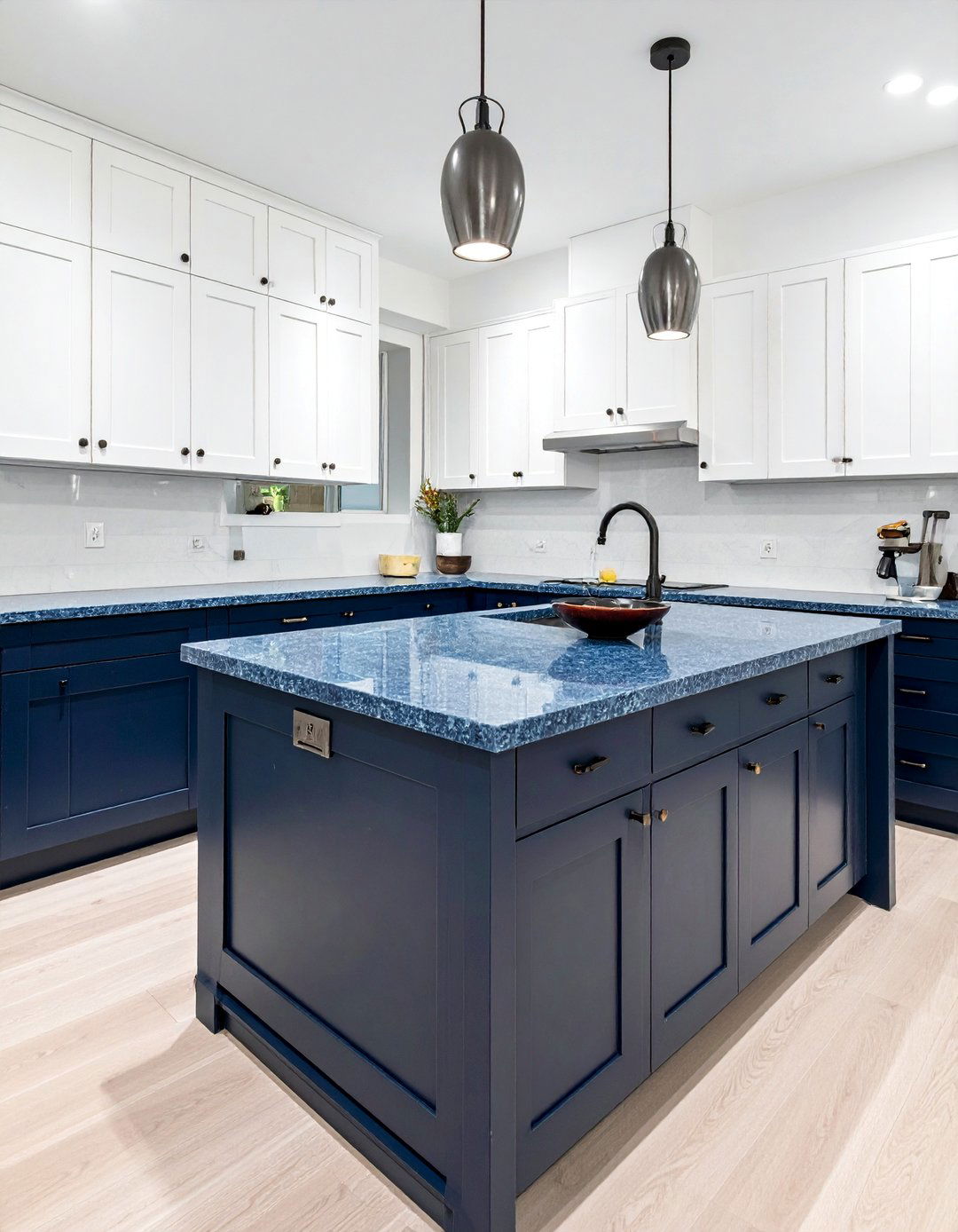 Blue Countertops in a Two Tone Cabinet Kitchen - 20 Kitchens With Blue Countertops Design Ideas