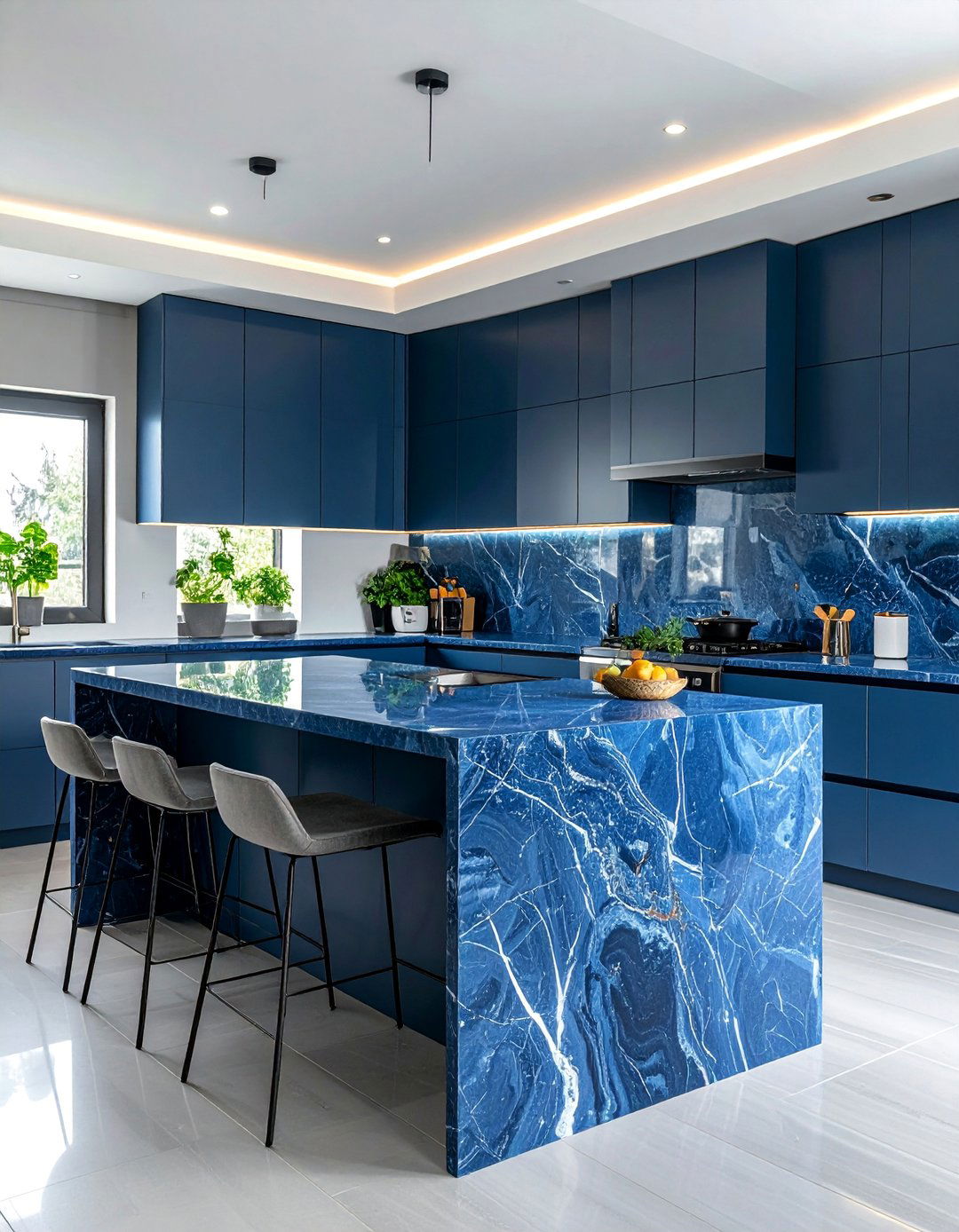 Blue Countertops with a Matching Blue Backsplash - 20 Kitchens With Blue Countertops Design Ideas