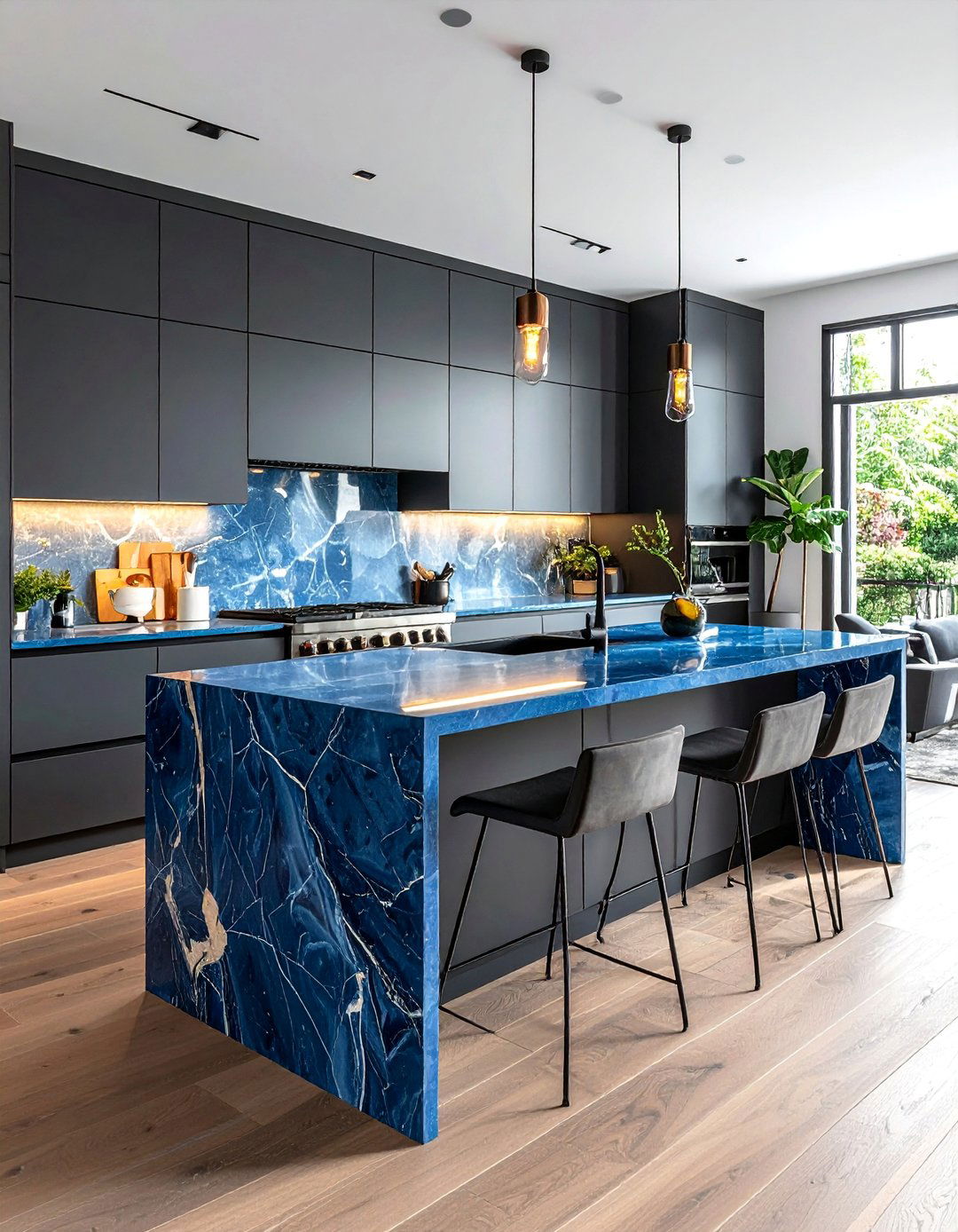 Blue Countertops with a Waterfall Edge Island - 20 Kitchens With Blue Countertops Design Ideas
