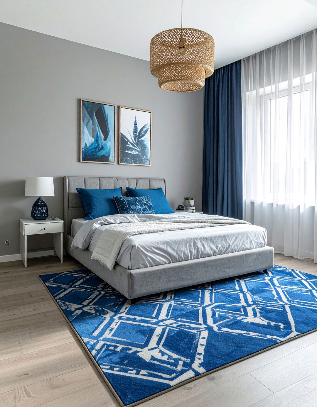 Blue Geometric Patterned Rug - 40 Blue Bedroom Ideas for a Serene and Relaxing Atmosphere