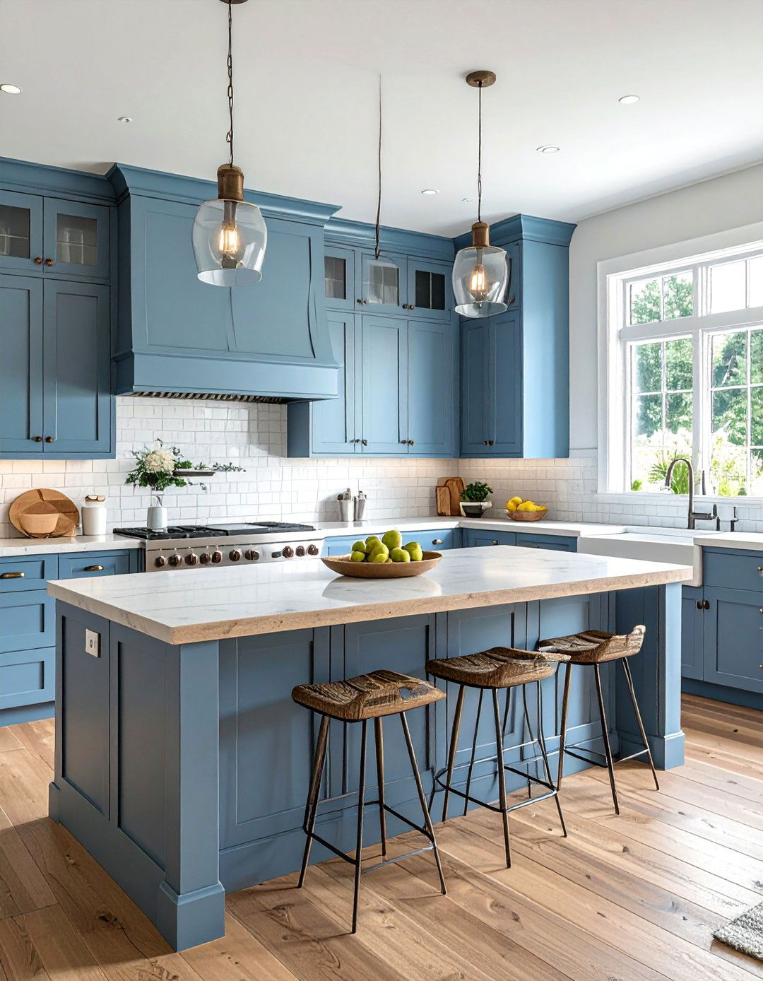 Blue Painted Cabinets with a Contrasting Wood Island - 30 Blue Farmhouse Kitchen Cabinets for a Cozy Feel