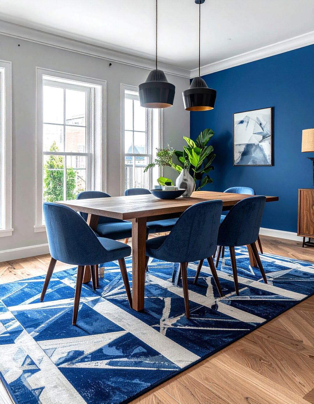 Blue Patterned Area Rug as a Foundation - 40 Blue Dining Room Ideas for a Serene Space