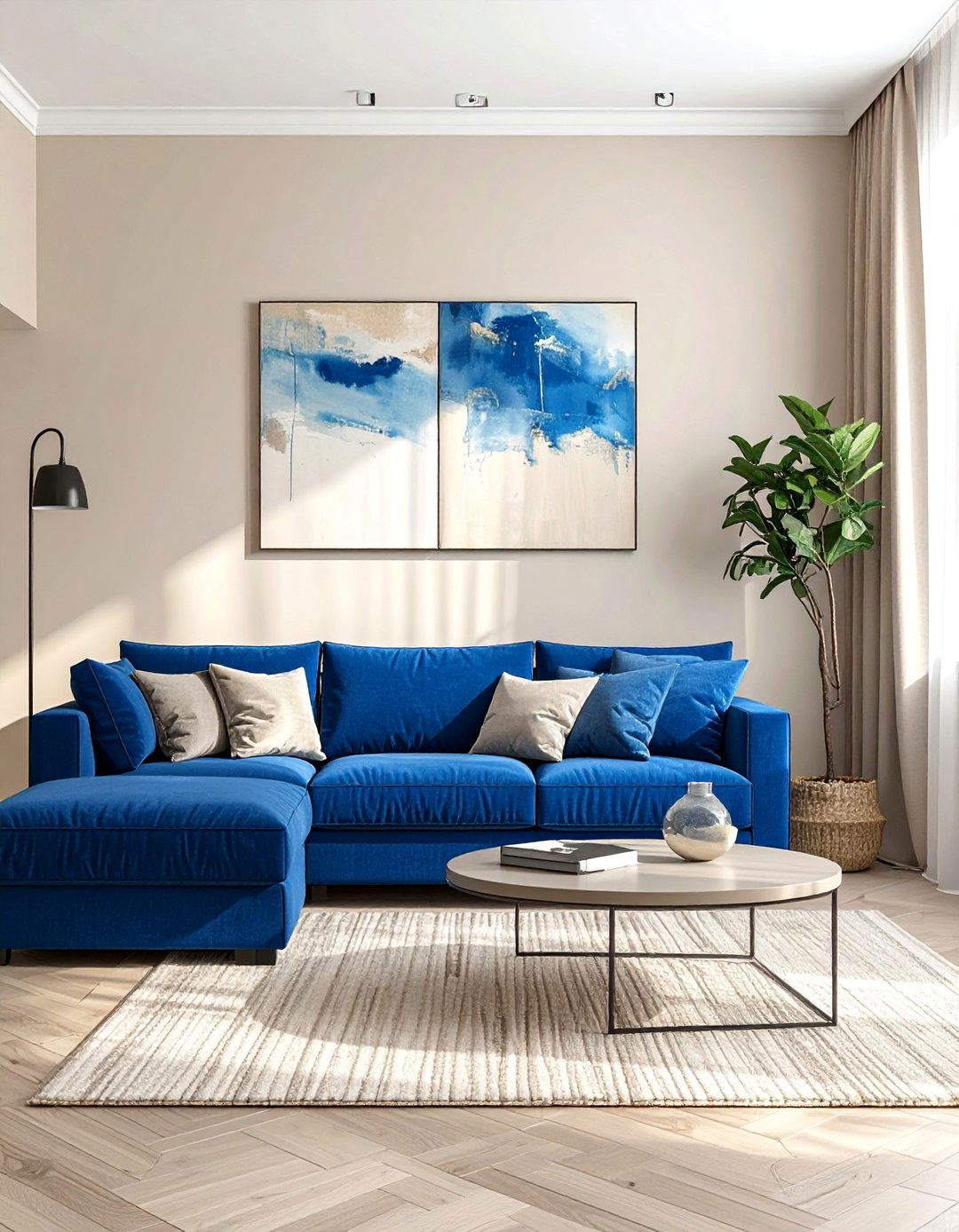 Blue Sectional Sofa as a Centerpiece - 20 Blue and Beige Living Room Ideas for a Calm Space
