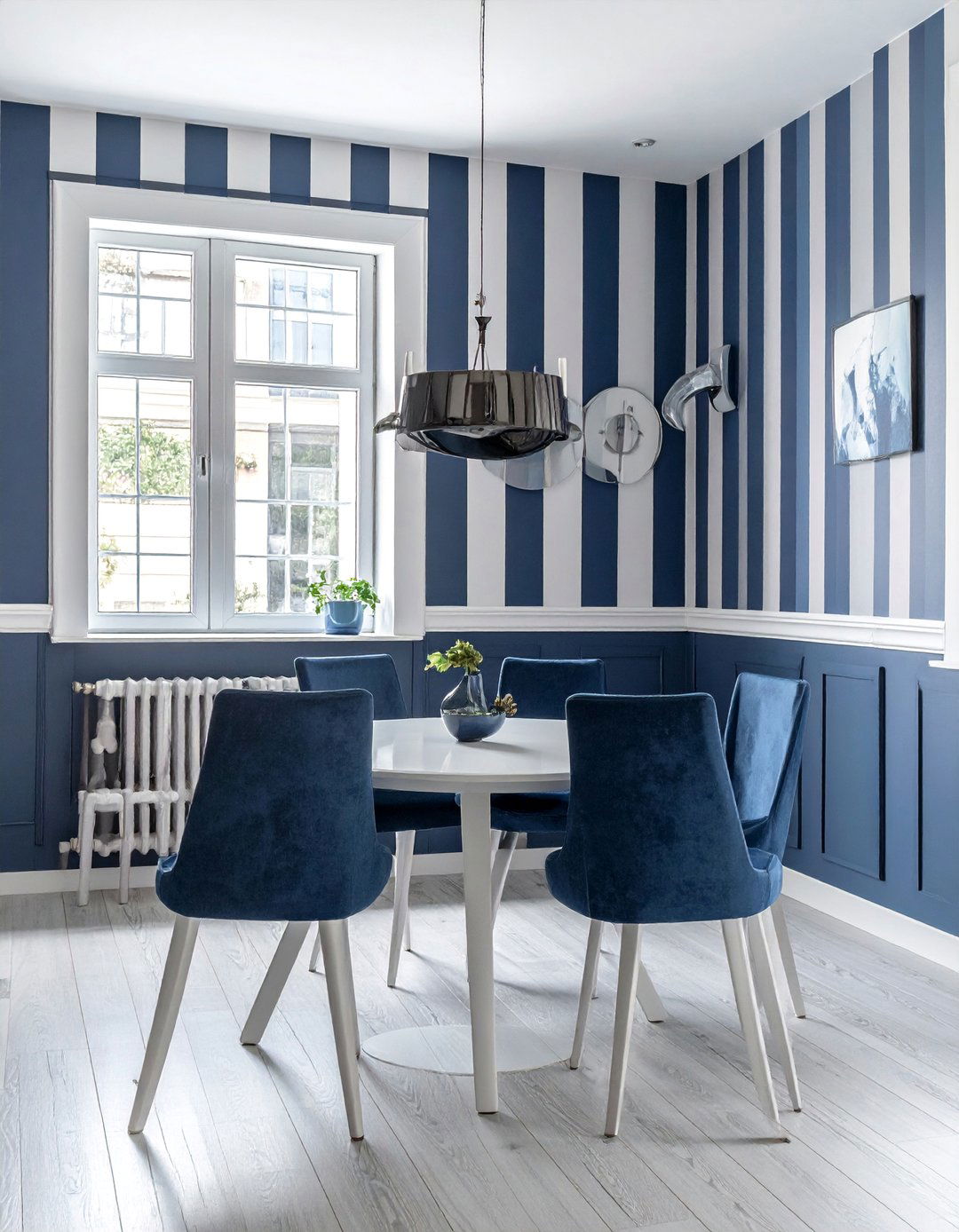 Blue Striped Wall Design - 40 Blue Dining Room Ideas for a Serene Space
