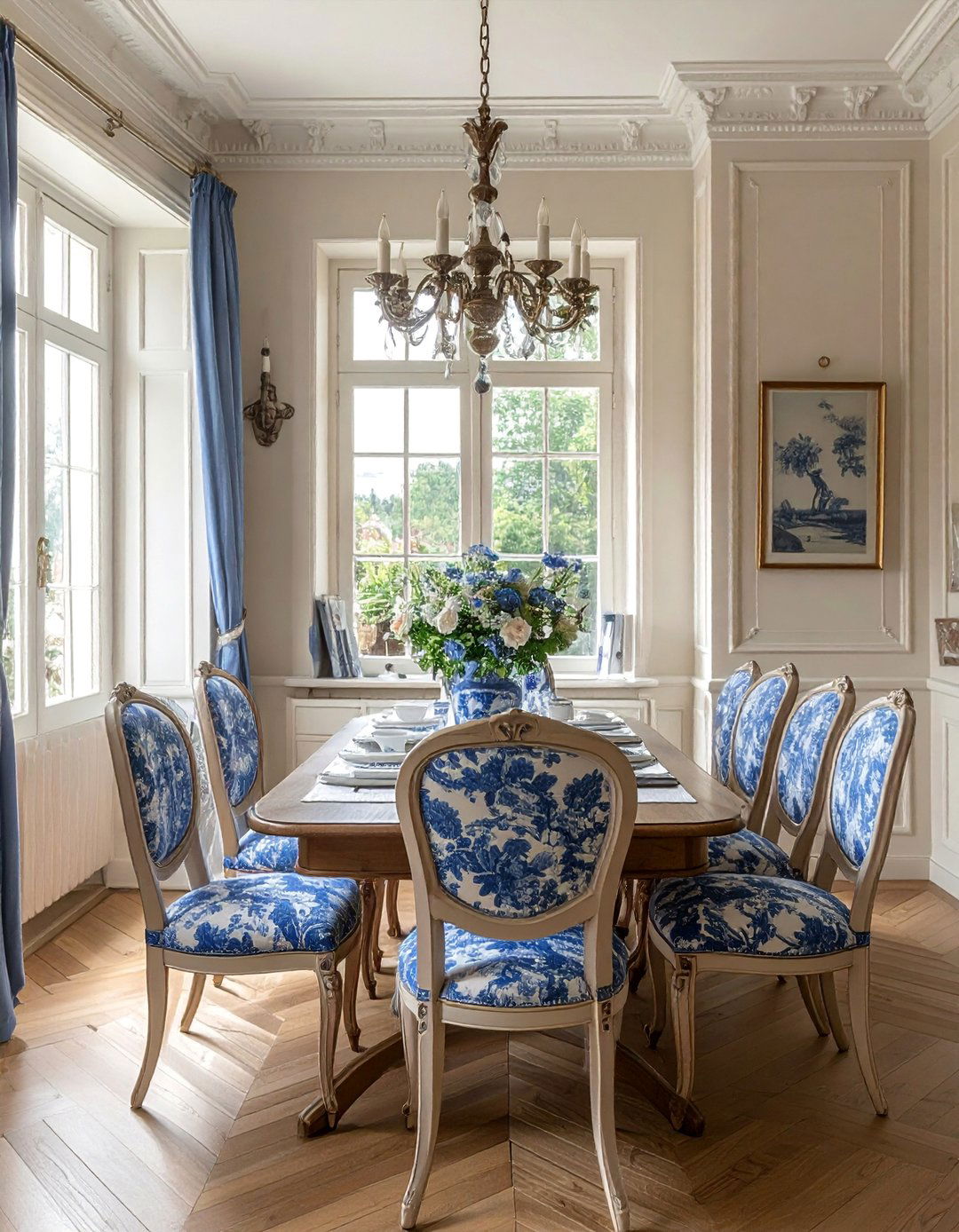 Blue Toile Print Upholstery - 40 Blue Dining Room Ideas for a Serene Space