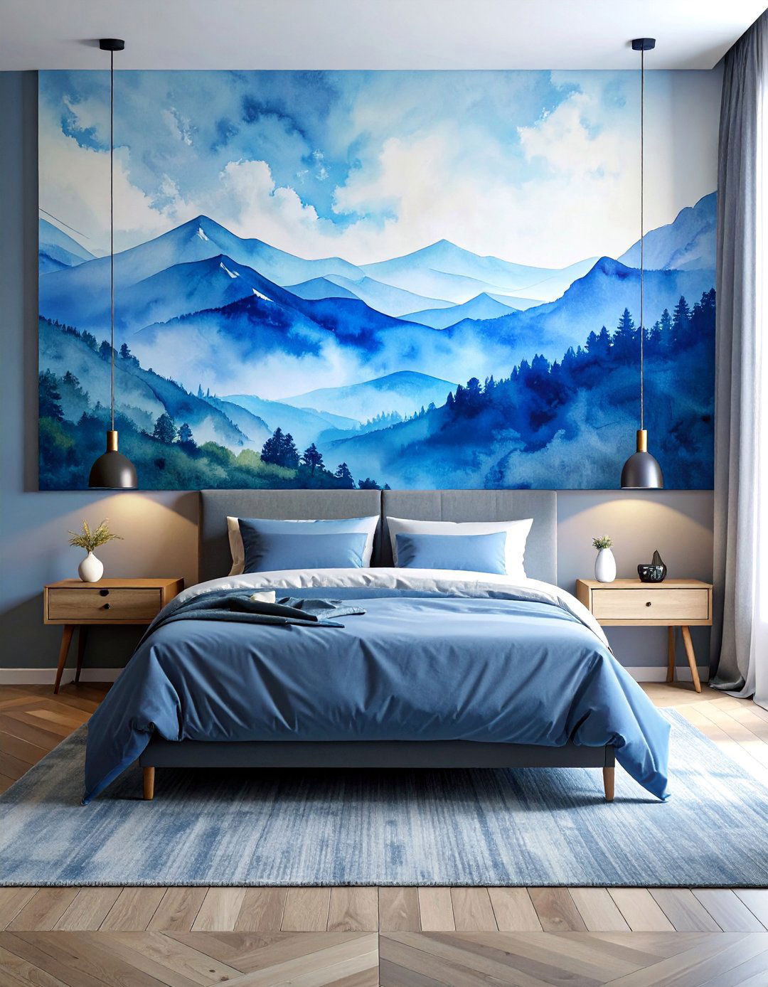 Blue Watercolor Mural Wallpaper - 40 Blue Bedroom Ideas for a Serene and Relaxing Atmosphere