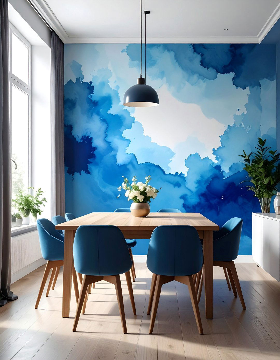 Blue Watercolor Mural - 40 Blue Dining Room Ideas for a Serene Space
