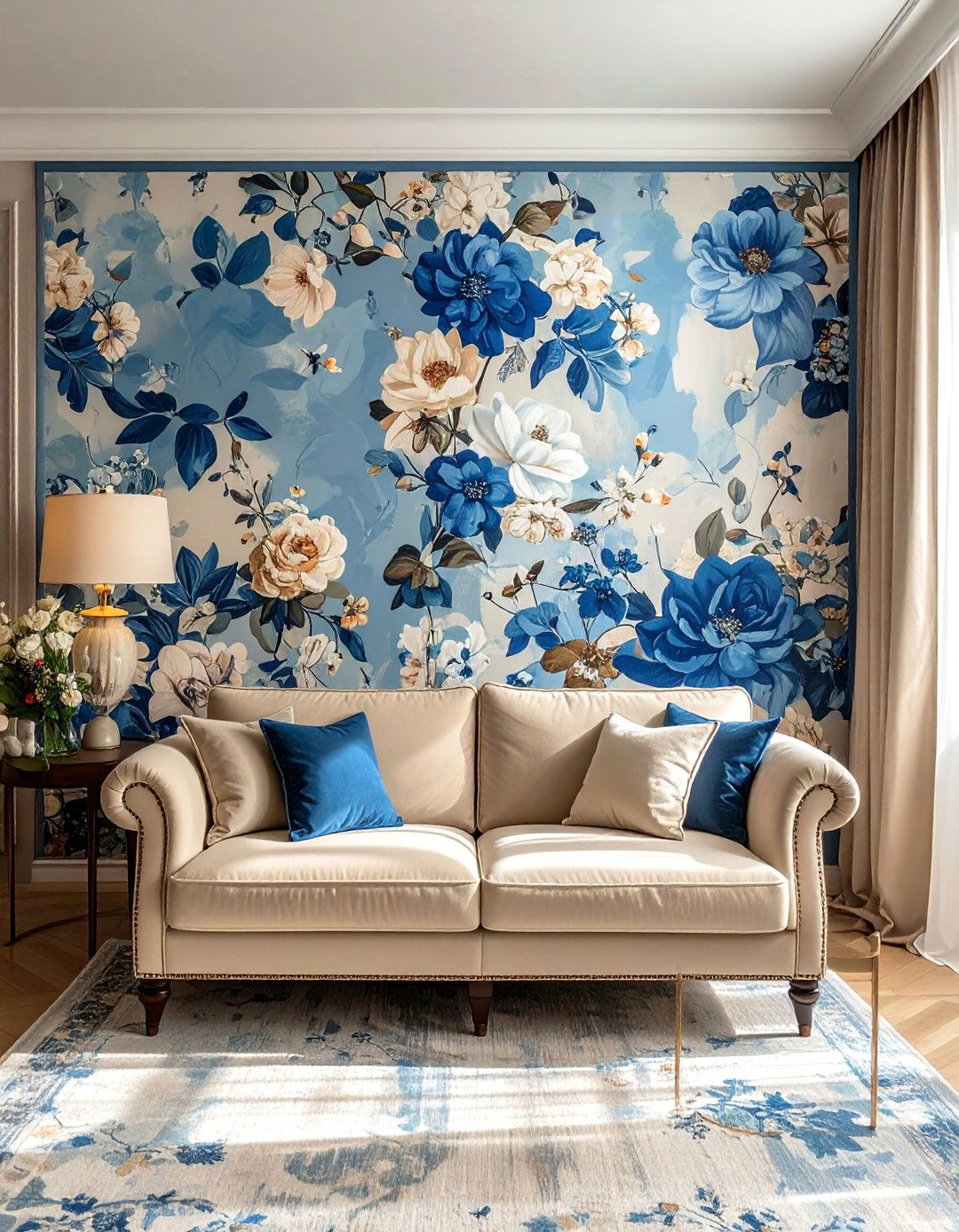 Blue and Beige Floral Wallpaper - 20 Blue and Beige Living Room Ideas for a Calm Space