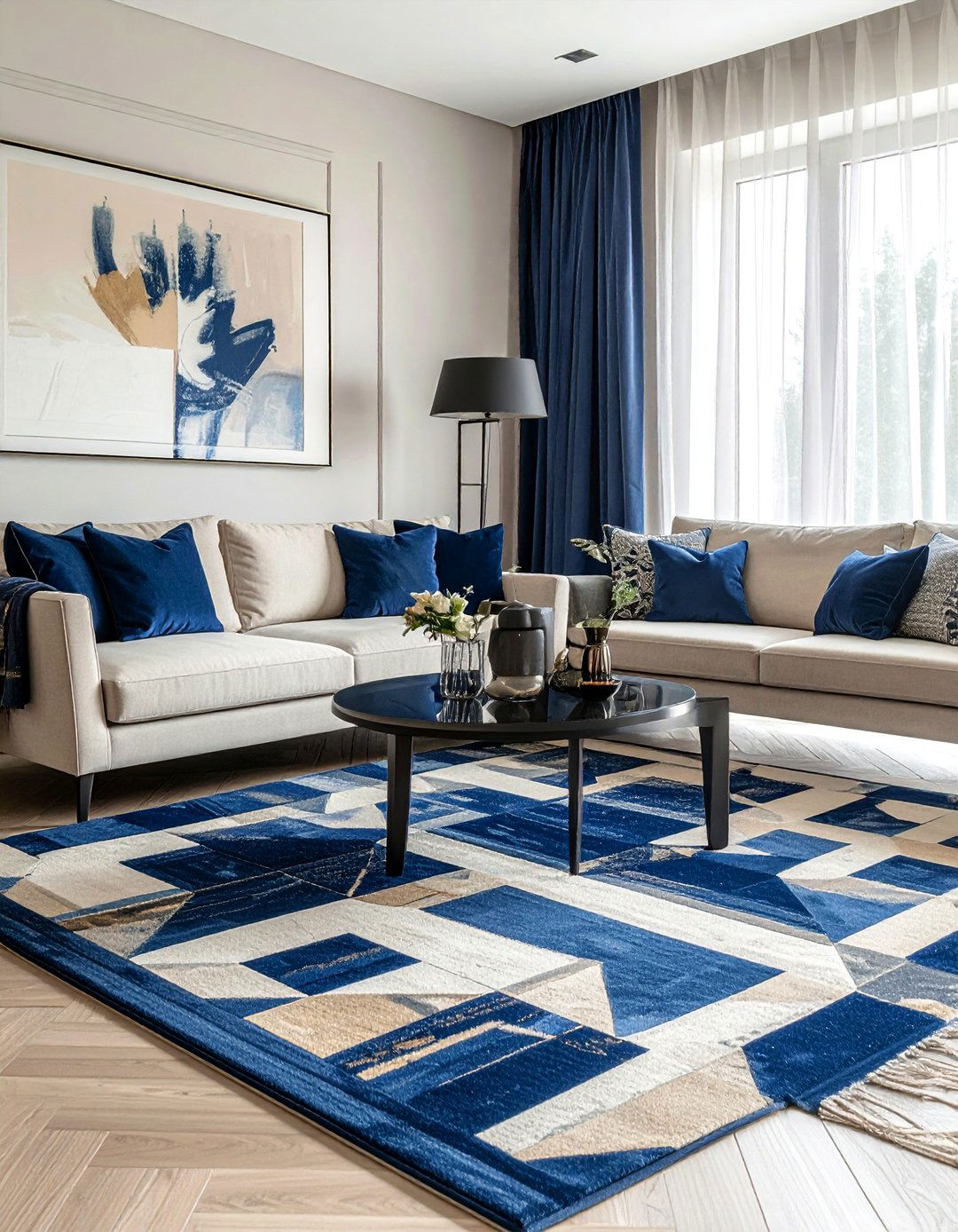 Blue and Beige Geometric Patterned Rug - 20 Blue and Beige Living Room Ideas for a Calm Space
