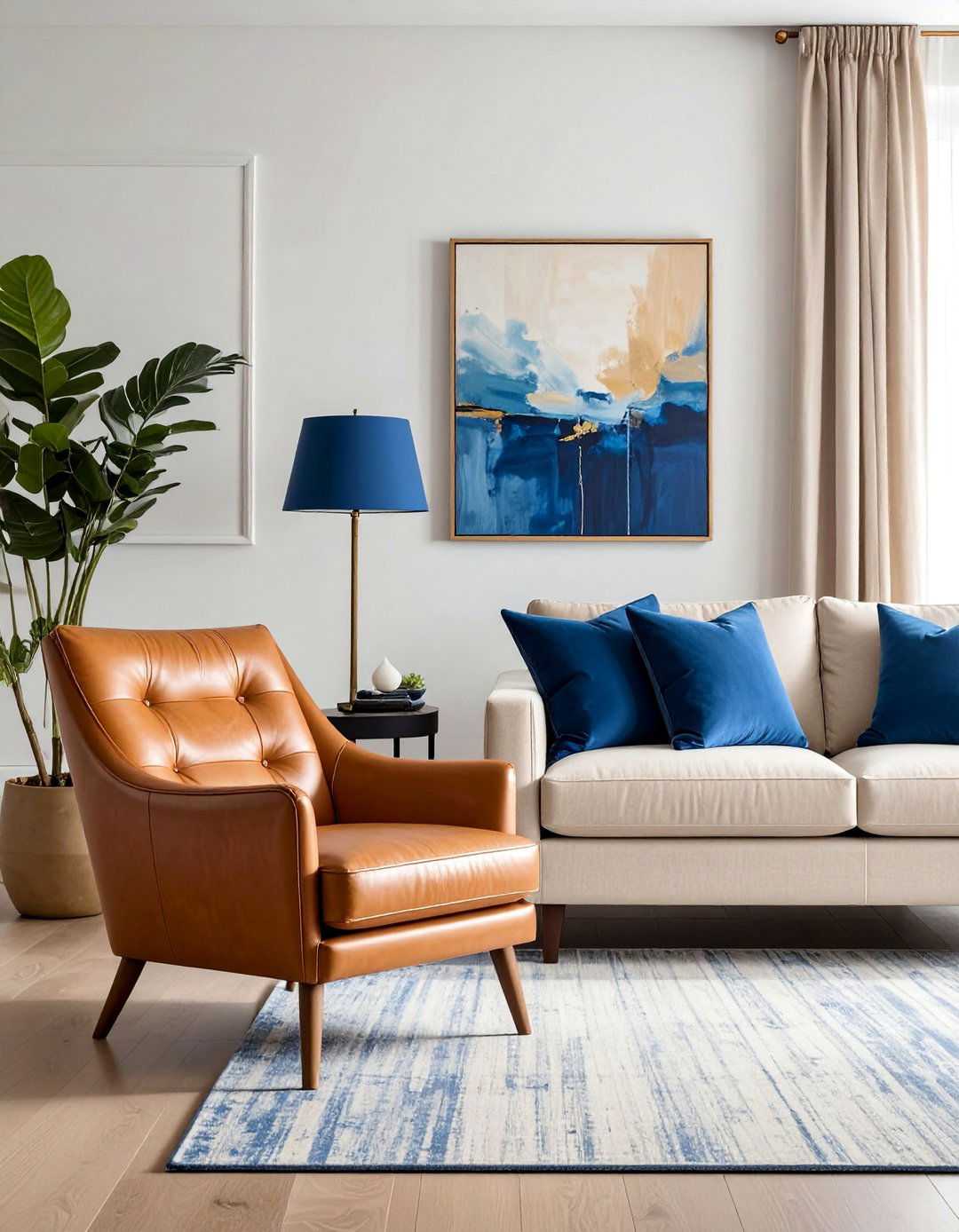 Blue and Beige Living Room with Leather Accents - 20 Blue and Beige Living Room Ideas for a Calm Space