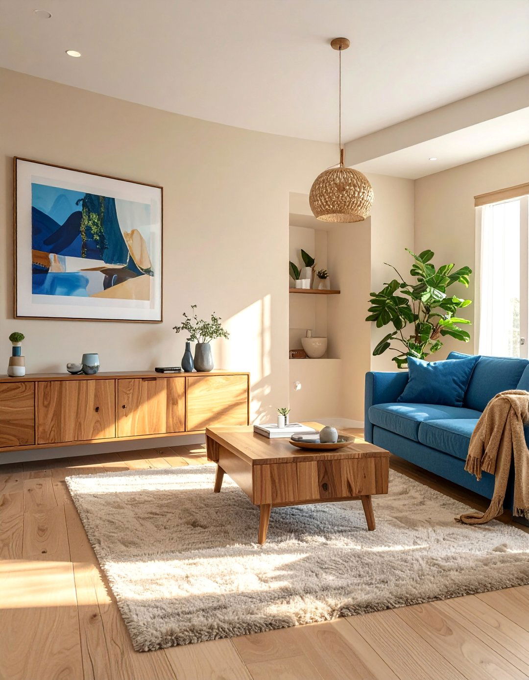 Blue and Beige Room with Natural Wood Tones - 20 Blue and Beige Living Room Ideas for a Calm Space