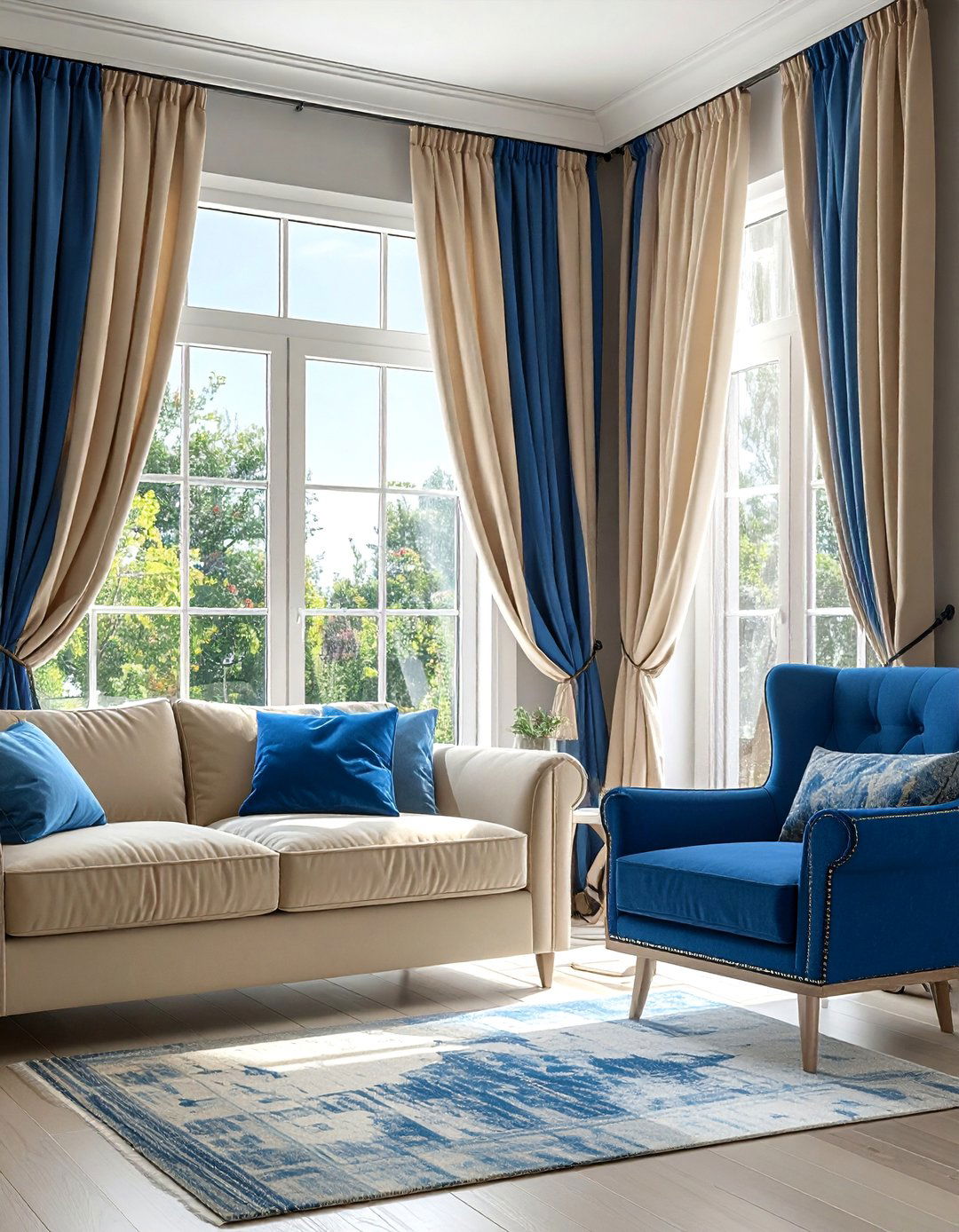 Blue and Beige Striped Curtains - 20 Blue and Beige Living Room Ideas for a Calm Space