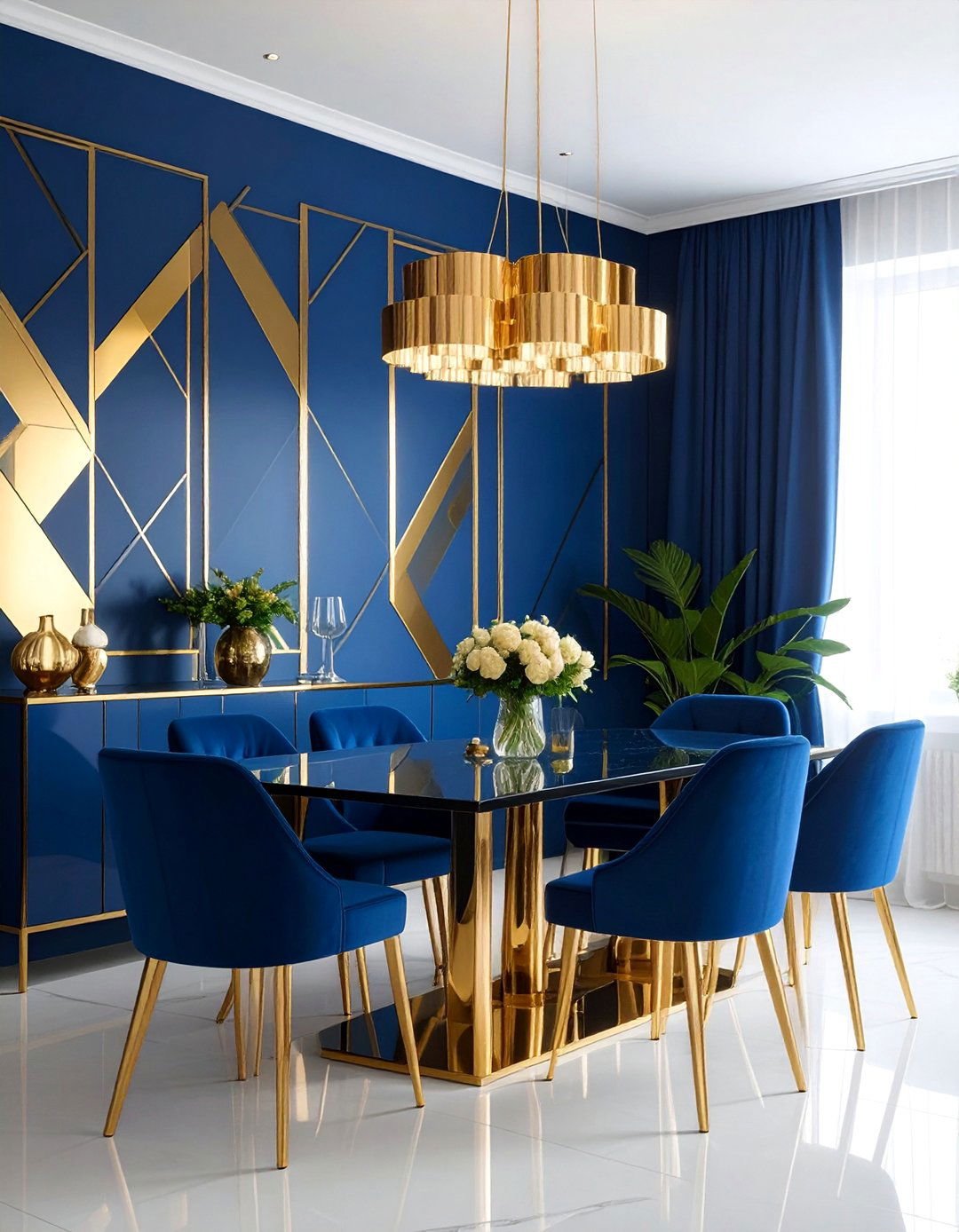 Blue and Gold Geometric Wallpaper - 40 Blue Dining Room Ideas for a Serene Space