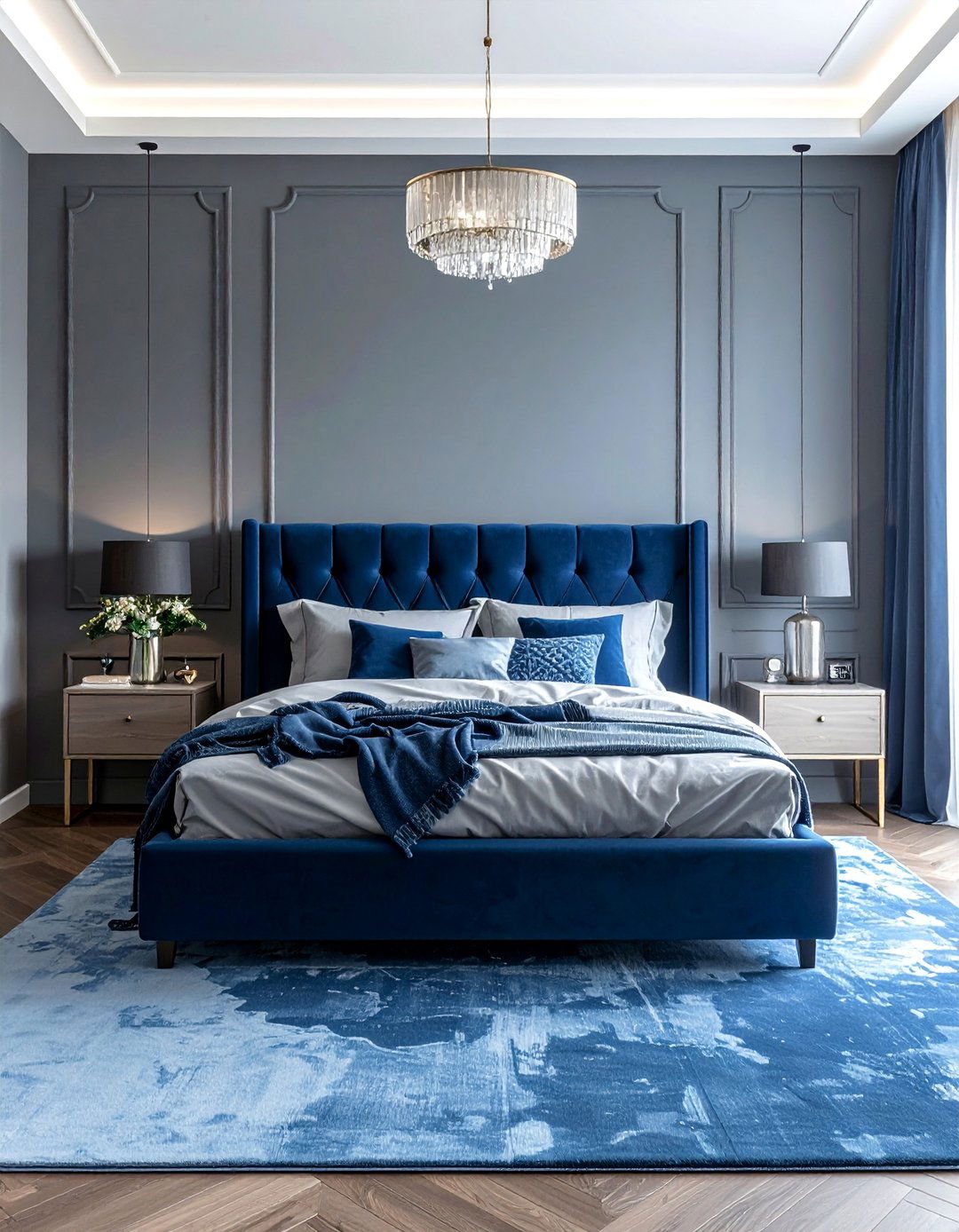 Blue and Gray Sophisticated Palette - 40 Blue Bedroom Ideas for a Serene and Relaxing Atmosphere