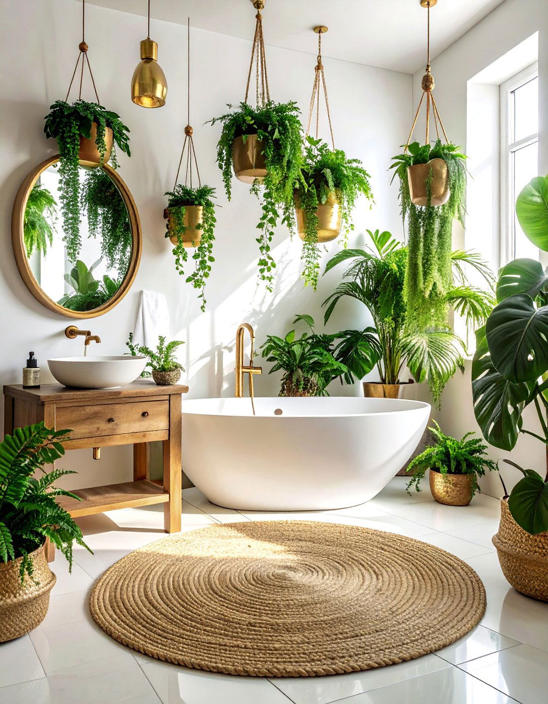 Bohemian Bathroom with Green Plants and Gold Planters - 20 Green and Gold Bathroom Ideas for a Luxurious Feel