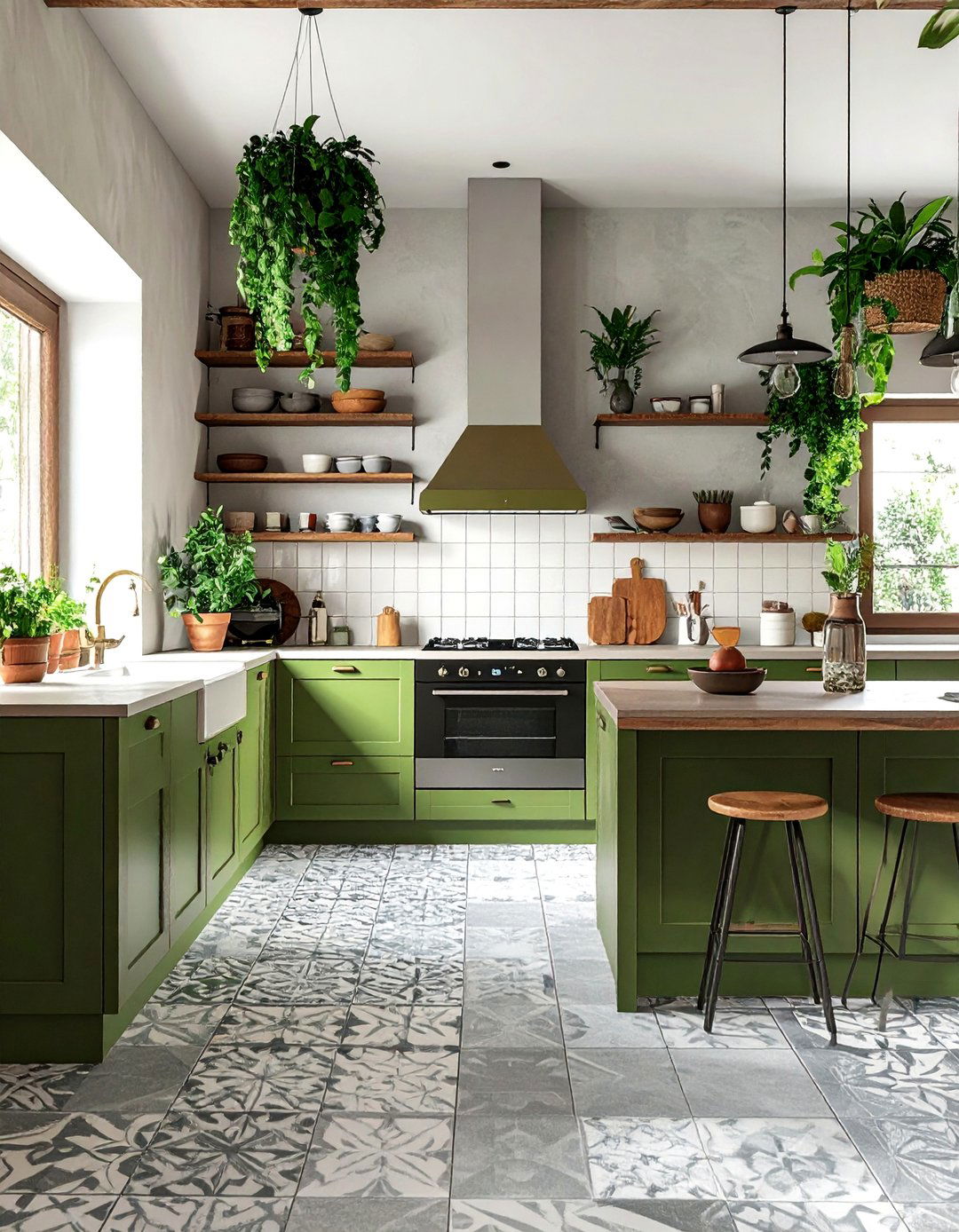 Bohemian Kitchens With Patterned Grey Cement Tiles - 20 Kitchens With Grey Floors Design Inspiration
