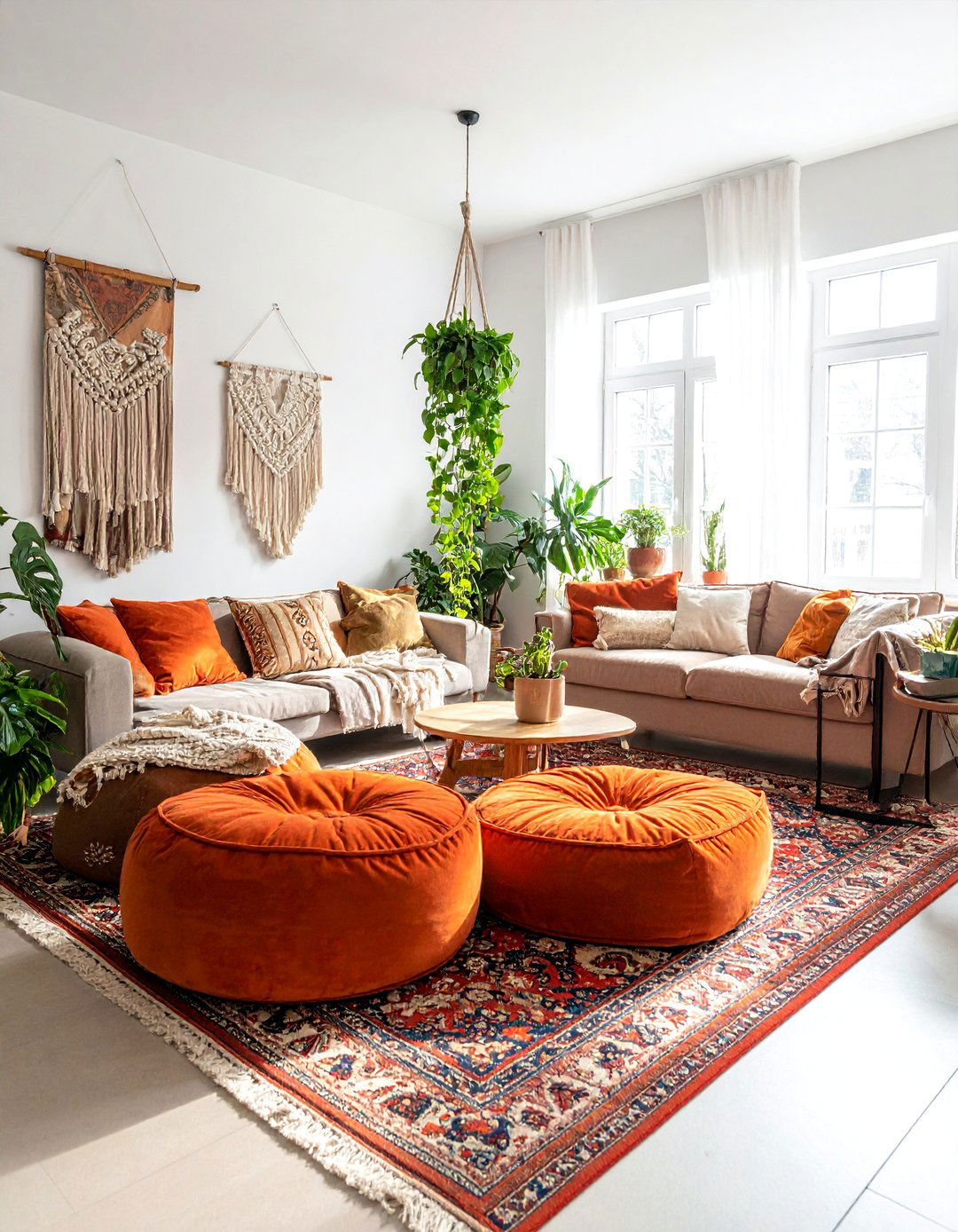 Bohemian Living Room with Terracotta Poufs and Greenery - 20 Green and Terracotta Living Room Ideas for Warmth