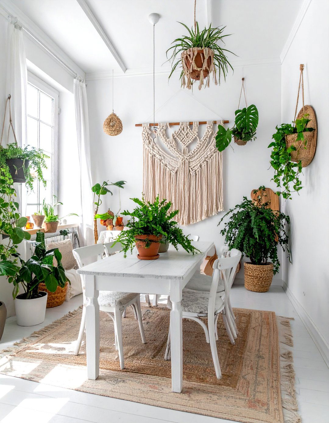 Bohemian White Dining Room with Macrame and Plants - 30 Elegant White Dining Room Ideas for a Timeless Look