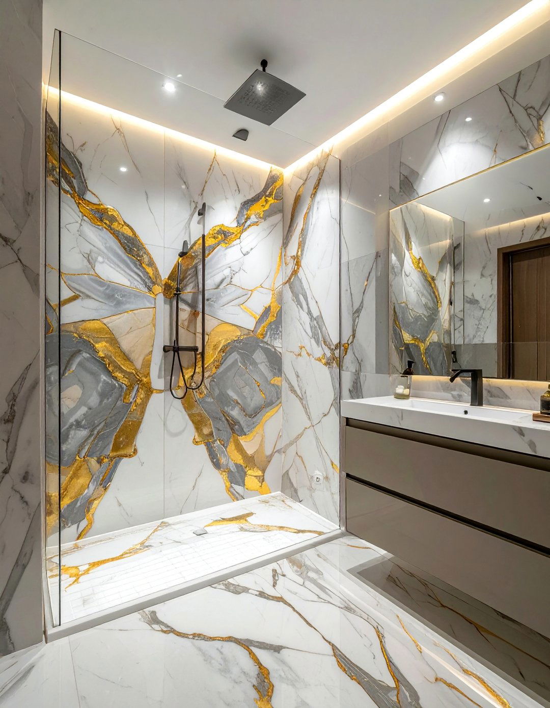 Bookmatched Marble Slab Walk in Shower - 30 Walk-in Shower Tile Ideas for a Luxurious Bathroom
