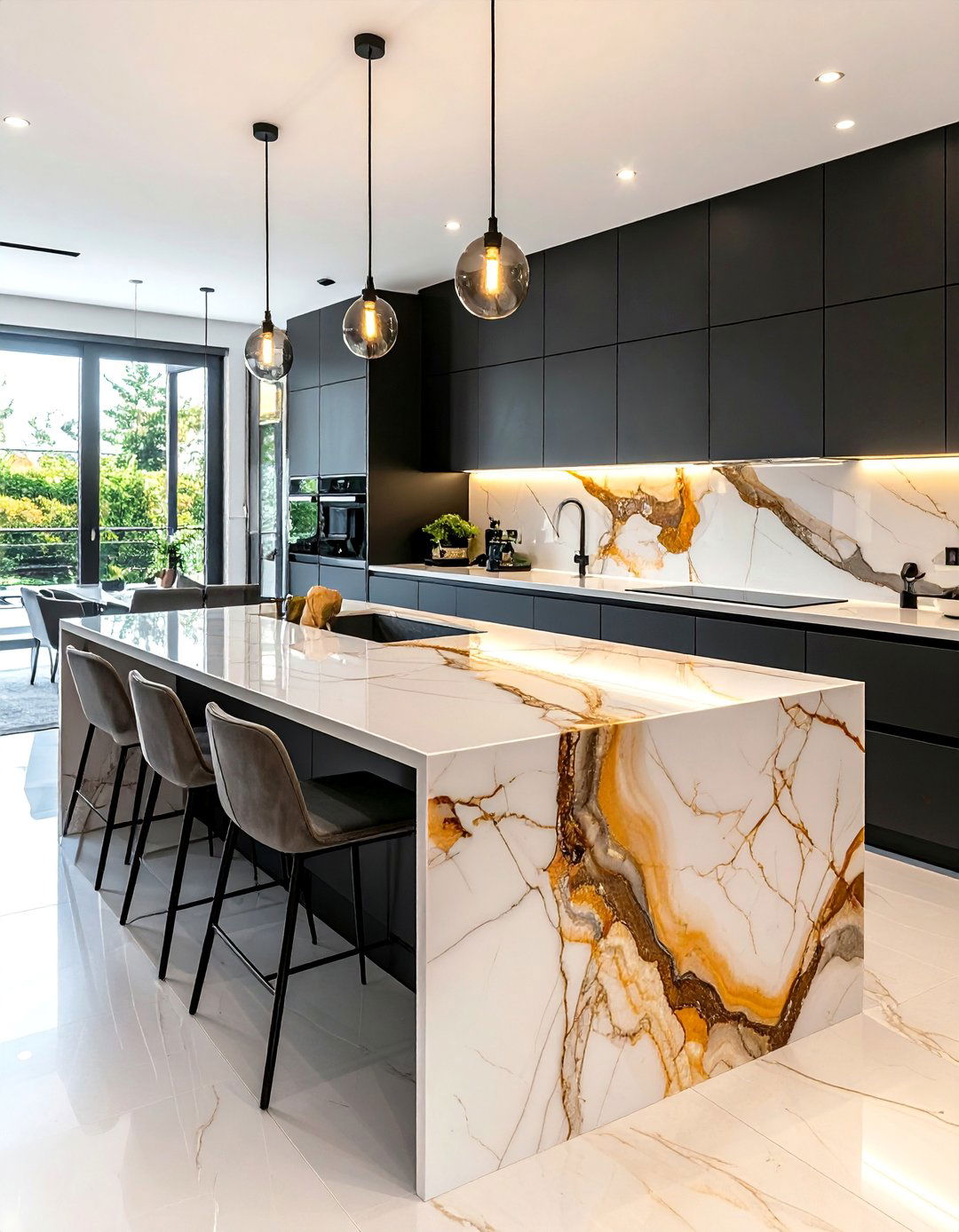Bookmatched Vein Quartz Kitchen Countertop - 20 Quartz Kitchen Countertops Ideas for Modern Homes