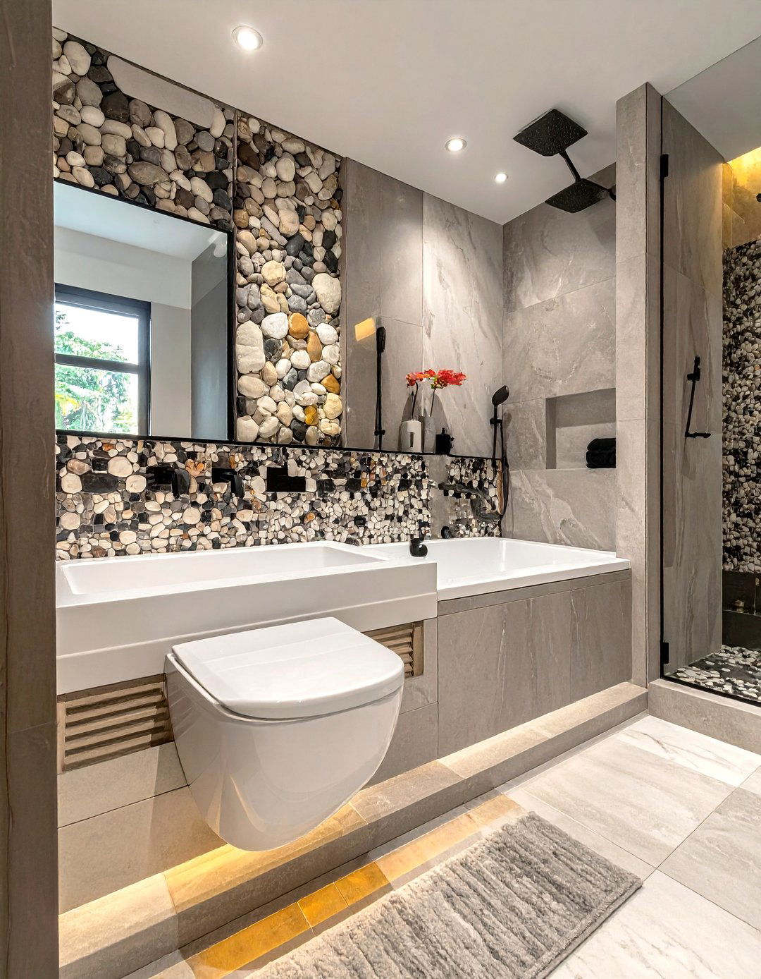 Border Accent Strip Design - 20 Pebble Tile Bathroom Ideas for a Natural Look