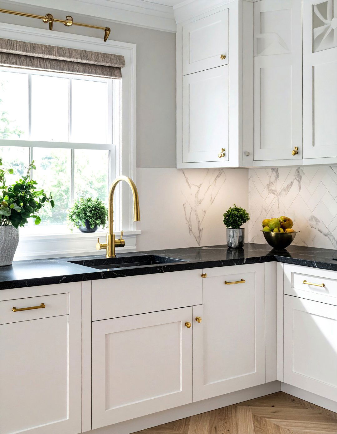 Brass Fixtures and Dark Countertops - 20 Kitchen With Dark Countertops and Light Cabinets