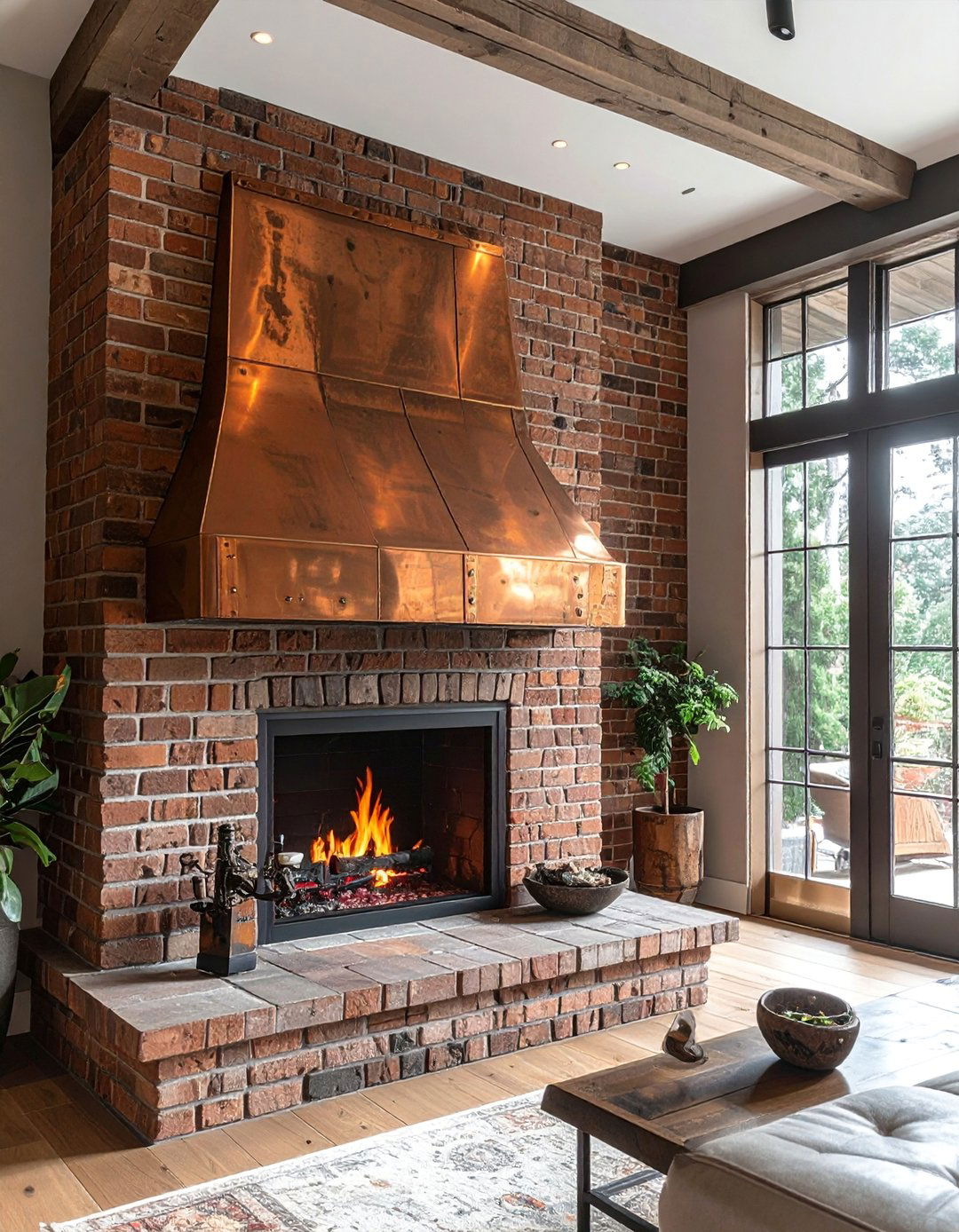 Brick Fireplace with Copper Hood - 30 Craftsman-style Fireplace Ideas for a Cozy Home