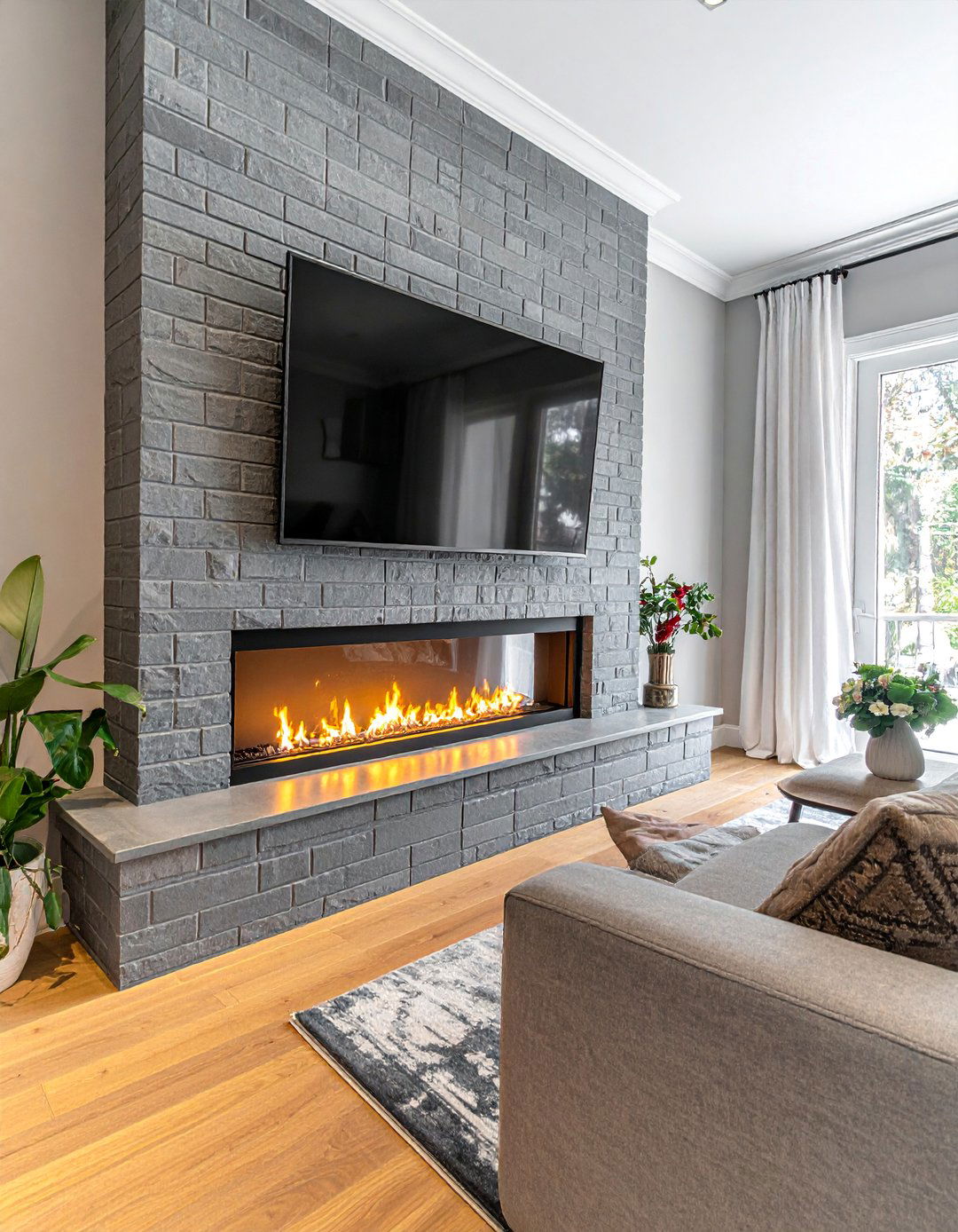 Brick Linear Fireplace Contemporary Style - 20 Linear Fireplace Ideas With TV Above for Cozy Nights