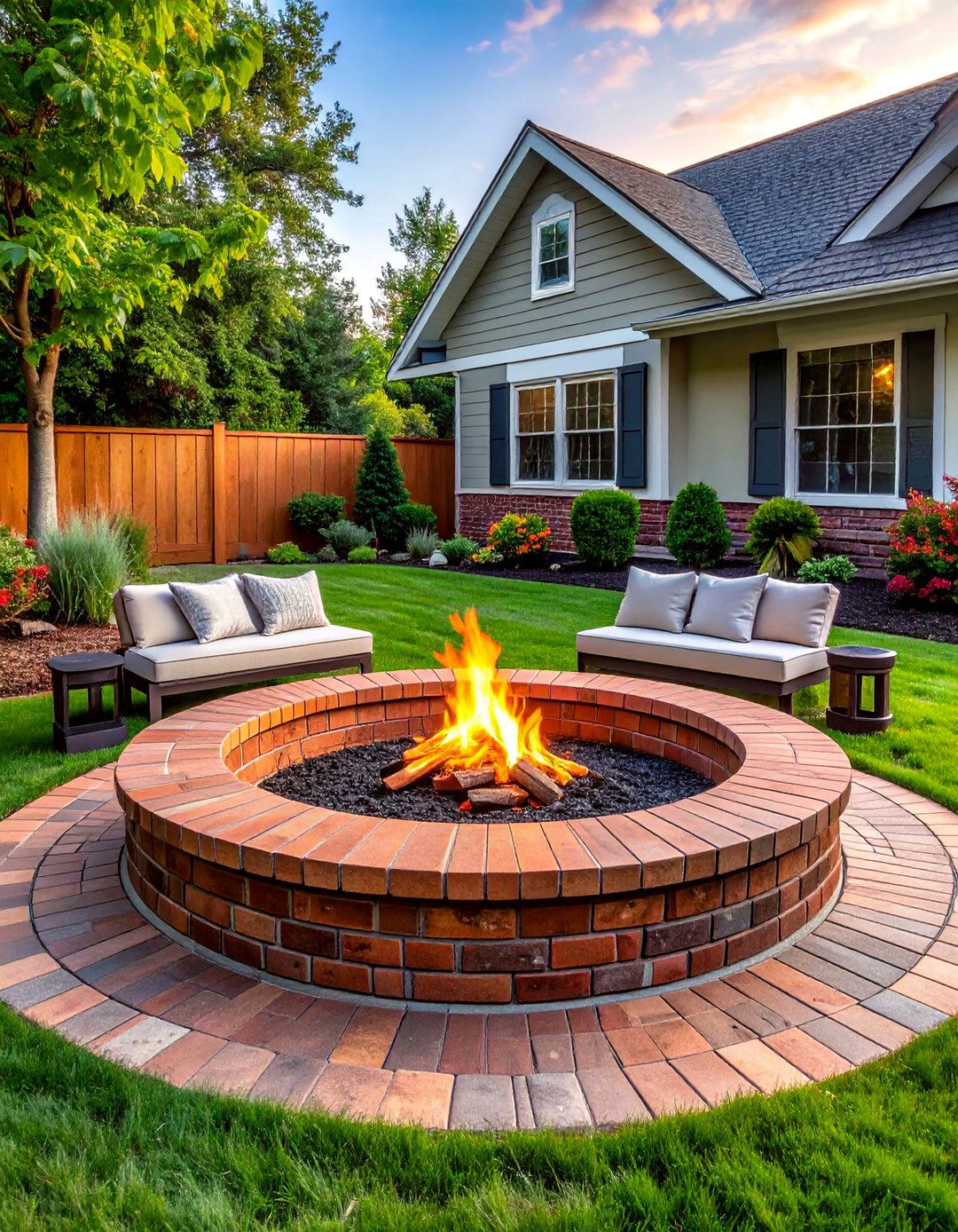 Brick Ring Fire Pit with Herringbone Patio - 20 Front Yard Fire Pit Ideas for Cozy Evenings