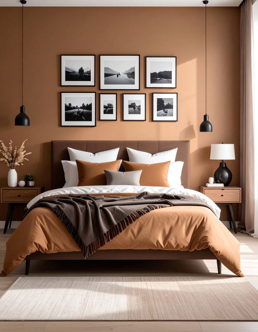 Brown Bedroom with Black and White Photos - 25 Brown Bedroom Ideas for a Cozy and Warm Ambiance