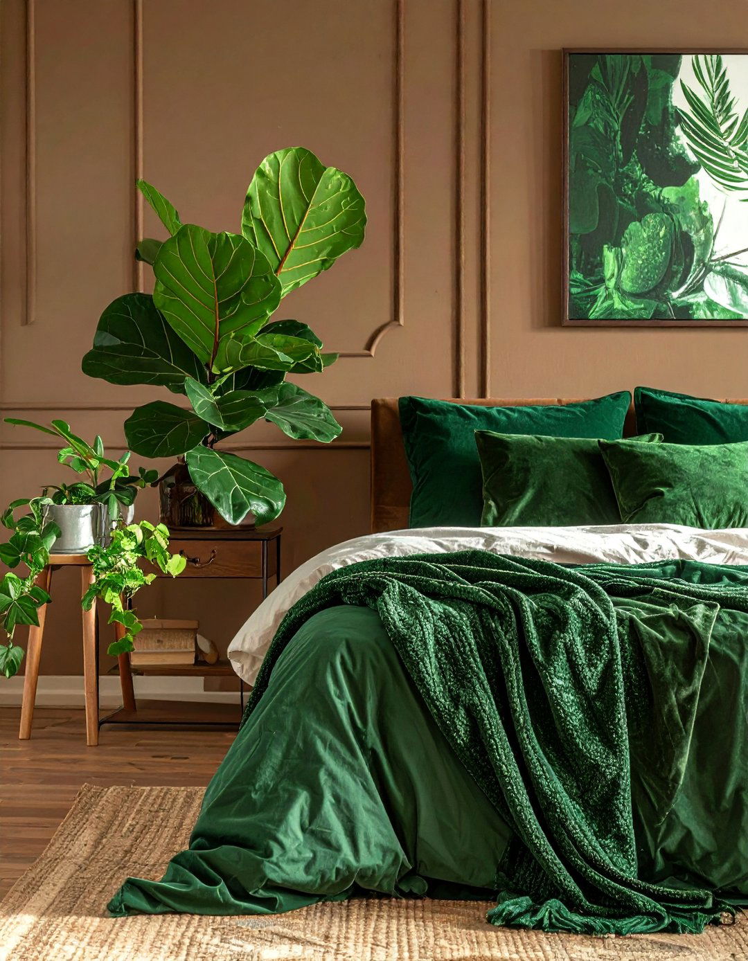 Brown Bedroom with Green Botanical Accents - 25 Brown Bedroom Ideas for a Cozy and Warm Ambiance