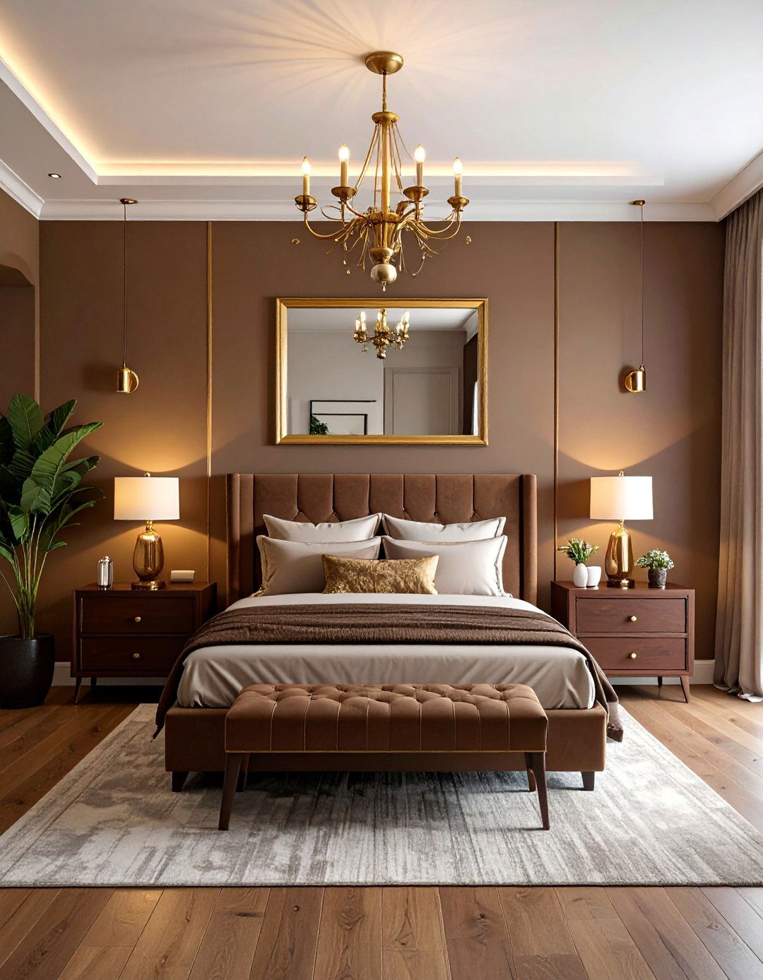 Brown Bedroom with Warm Metallic Finishes - 25 Brown Bedroom Ideas for a Cozy and Warm Ambiance