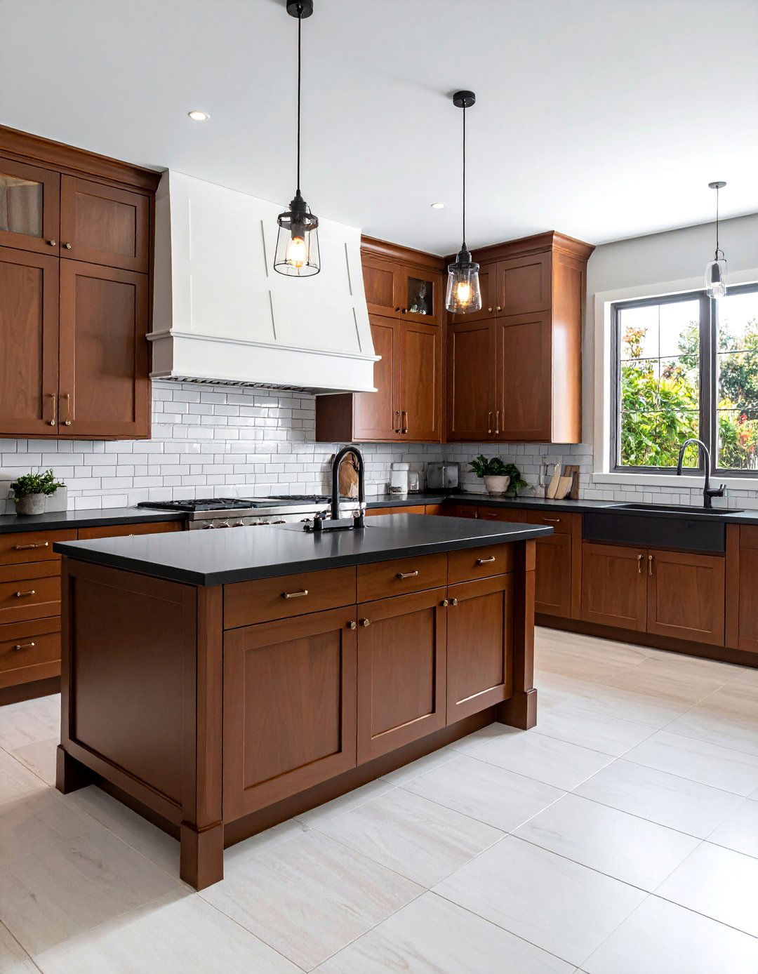 Brown Cabinets with a Black Countertop and a White Subway Tile Backsplash - 20 Kitchen with Brown Cabinets and Black Countertops