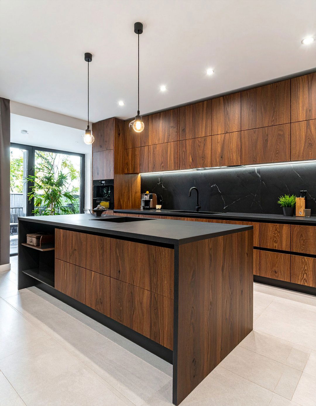 Brown Cabinets with a Matte Black Backsplash and Countertops - 20 Kitchen with Brown Cabinets and Black Countertops
